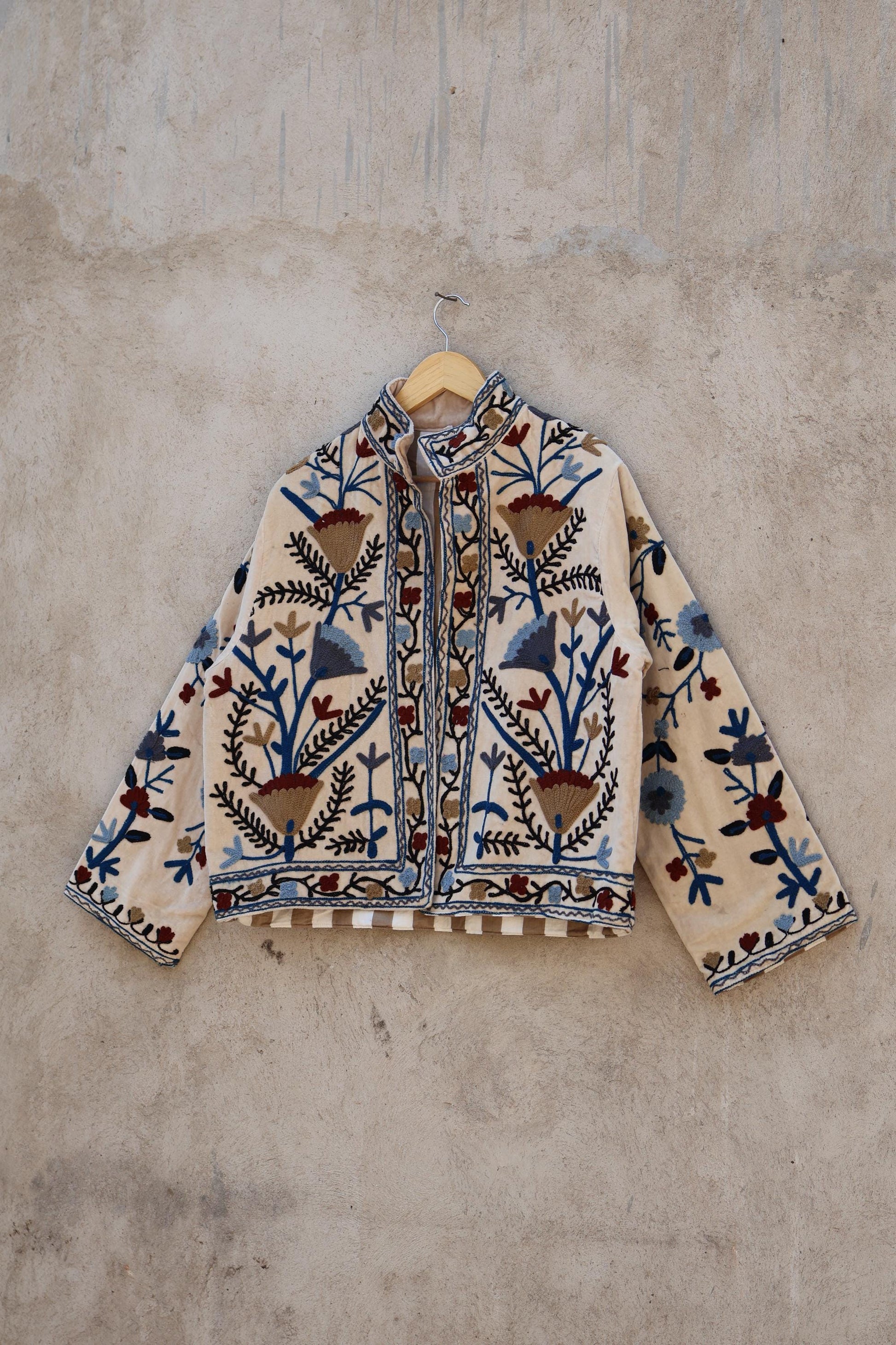 Suzani Embroidery Cotton Velvet Jacket, Kimono Jacket Handmade Soft TNT Fabric Jacket, Women's Clothing Coat Boho Jacket Spring Gift for Her