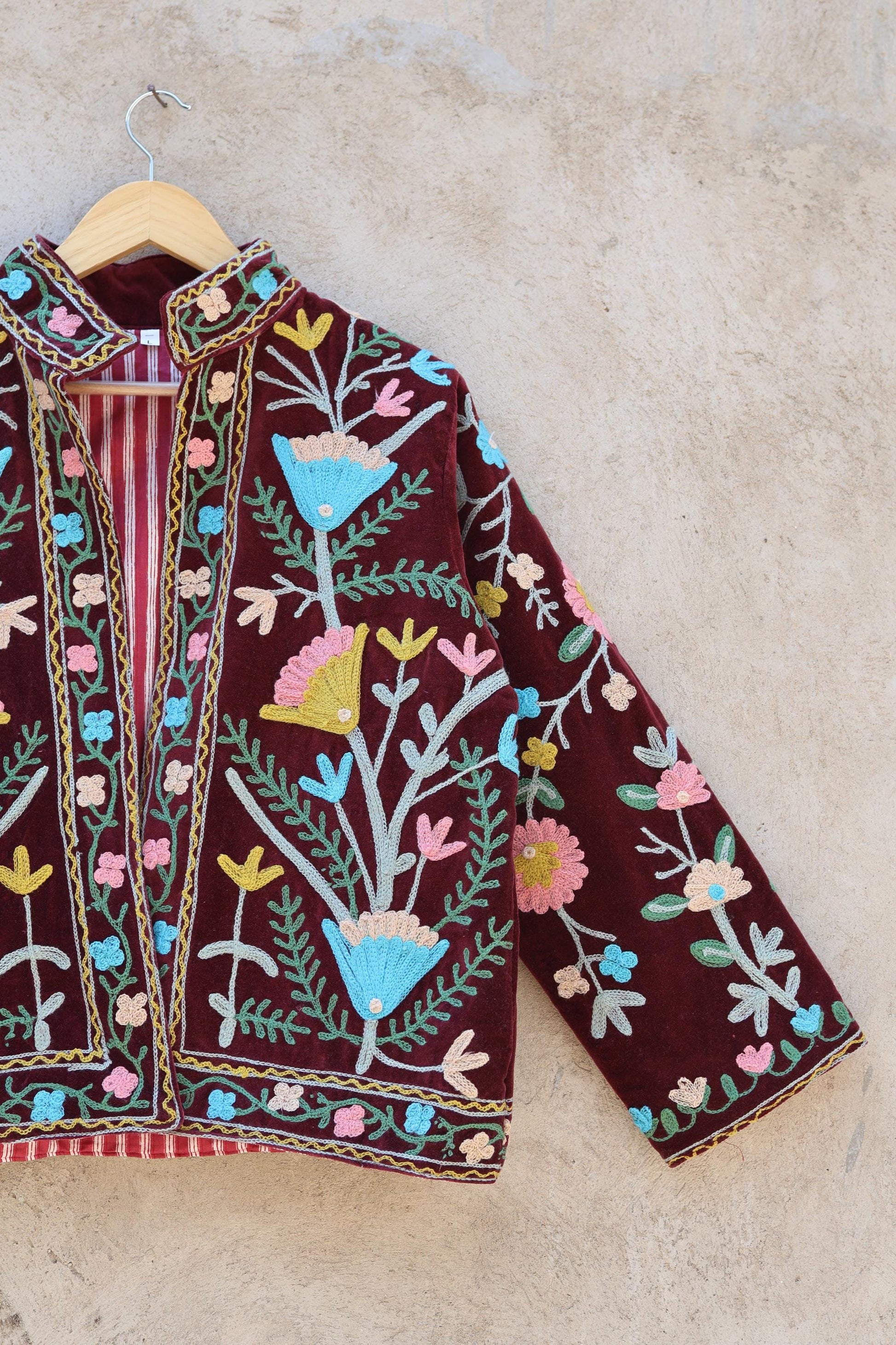 Suzani Embroidery Cotton Velvet Jacket, Kimono Jacket Handmade Soft TNT Fabric Jacket, Women's Clothing Coat Boho Jacket Spring Gift for Her