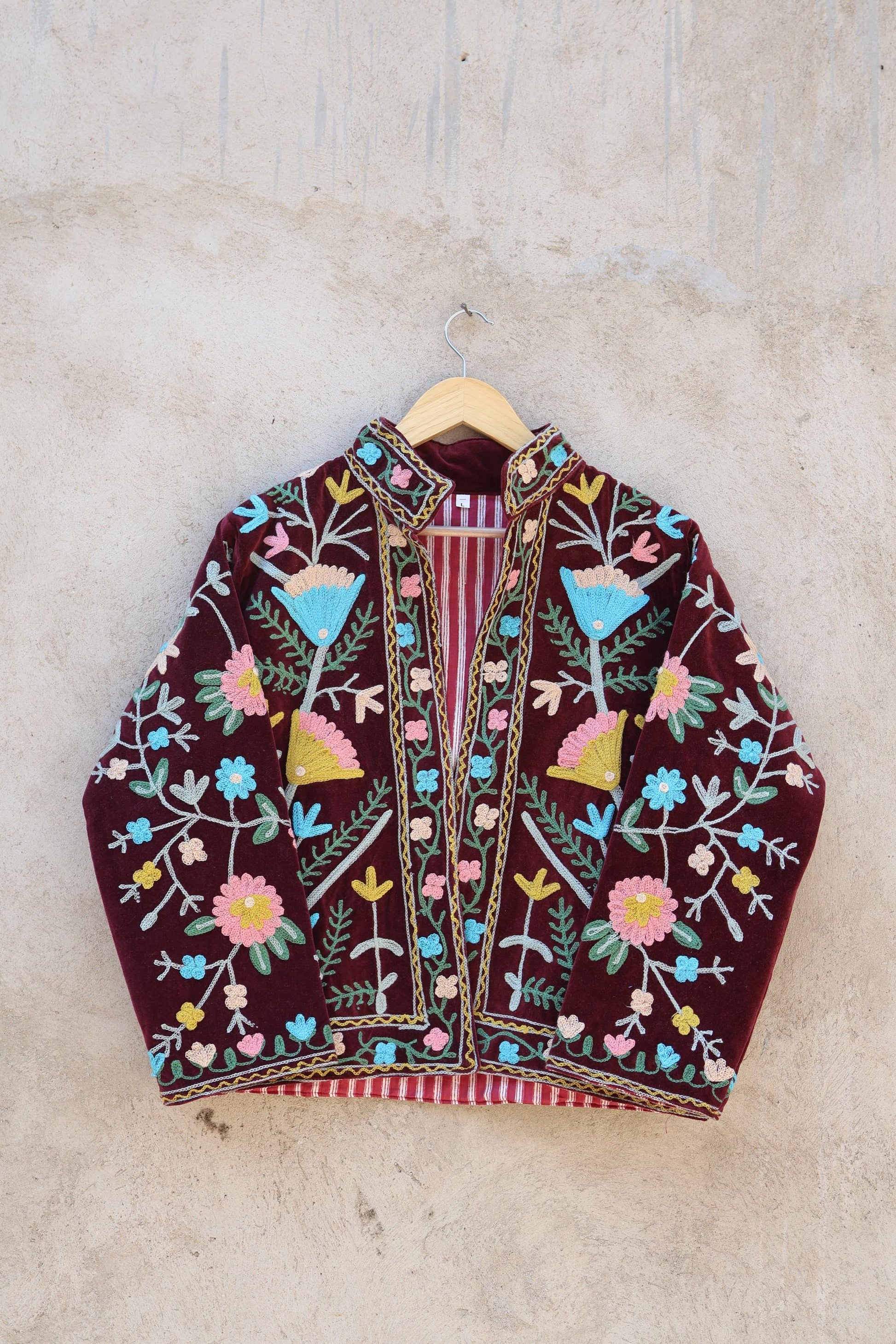 Suzani Embroidery Cotton Velvet Jacket, Kimono Jacket Handmade Soft TNT Fabric Jacket, Women's Clothing Coat Boho Jacket Spring Gift for Her