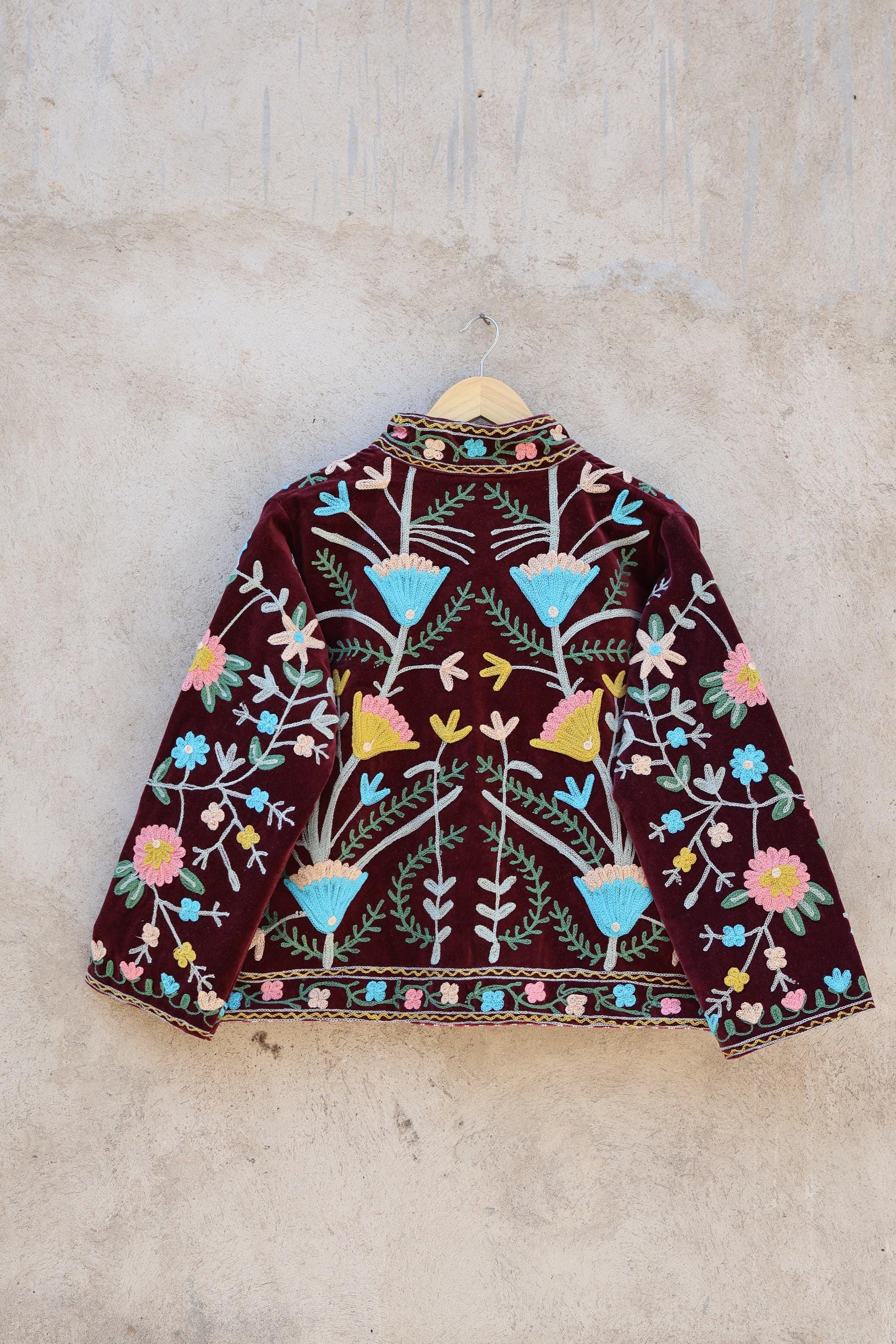 Suzani Embroidery Cotton Velvet Jacket, Kimono Jacket Handmade Soft TNT Fabric Jacket, Women's Clothing Coat Boho Jacket Spring Gift for Her