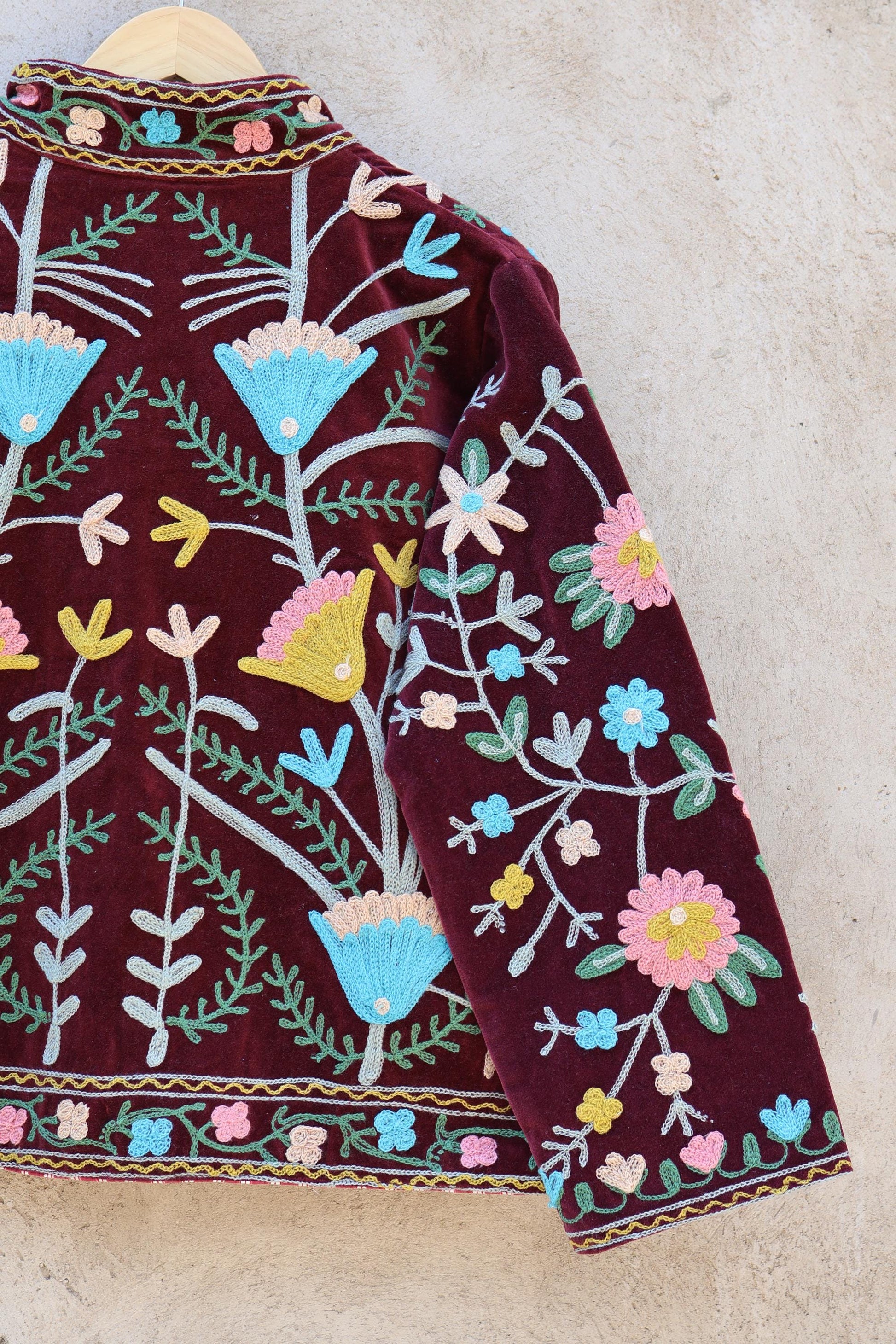 Suzani Embroidery Cotton Velvet Jacket, Kimono Jacket Handmade Soft TNT Fabric Jacket, Women's Clothing Coat Boho Jacket Spring Gift for Her
