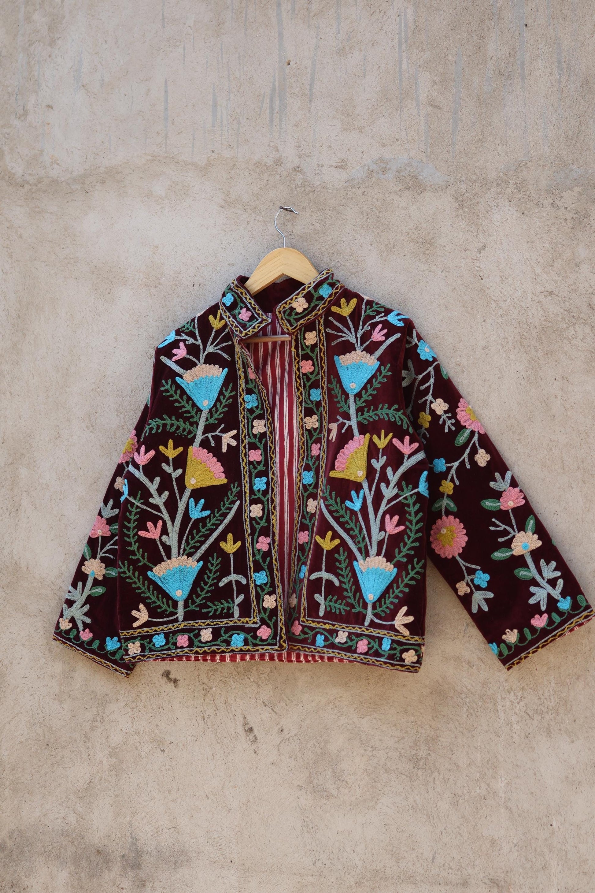Suzani Embroidery Cotton Velvet Jacket, Kimono Jacket Handmade Soft TNT Fabric Jacket, Women's Clothing Coat Boho Jacket Spring Gift for Her