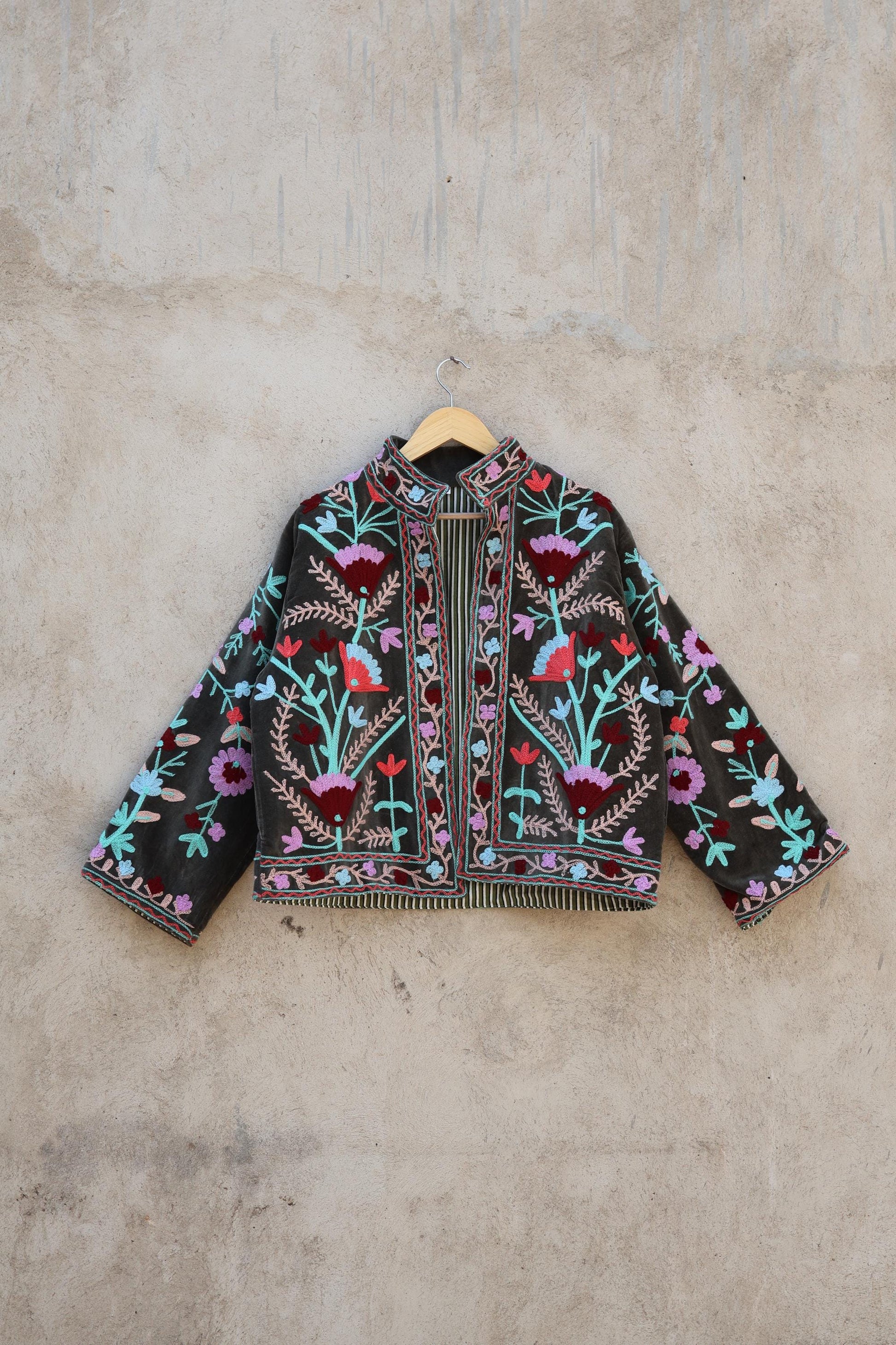 Suzani Embroidery Cotton Velvet Jacket, Kimono Jacket Handmade Soft TNT Fabric Jacket, Women's Clothing Coat Boho Jacket Spring Gift for Her