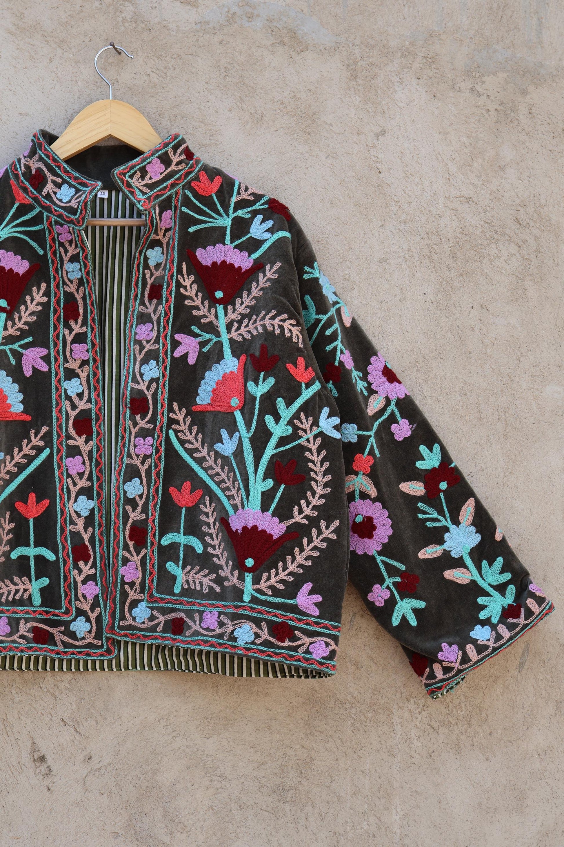 Suzani Embroidery Cotton Velvet Jacket, Kimono Jacket Handmade Soft TNT Fabric Jacket, Women's Clothing Coat Boho Jacket Spring Gift for Her