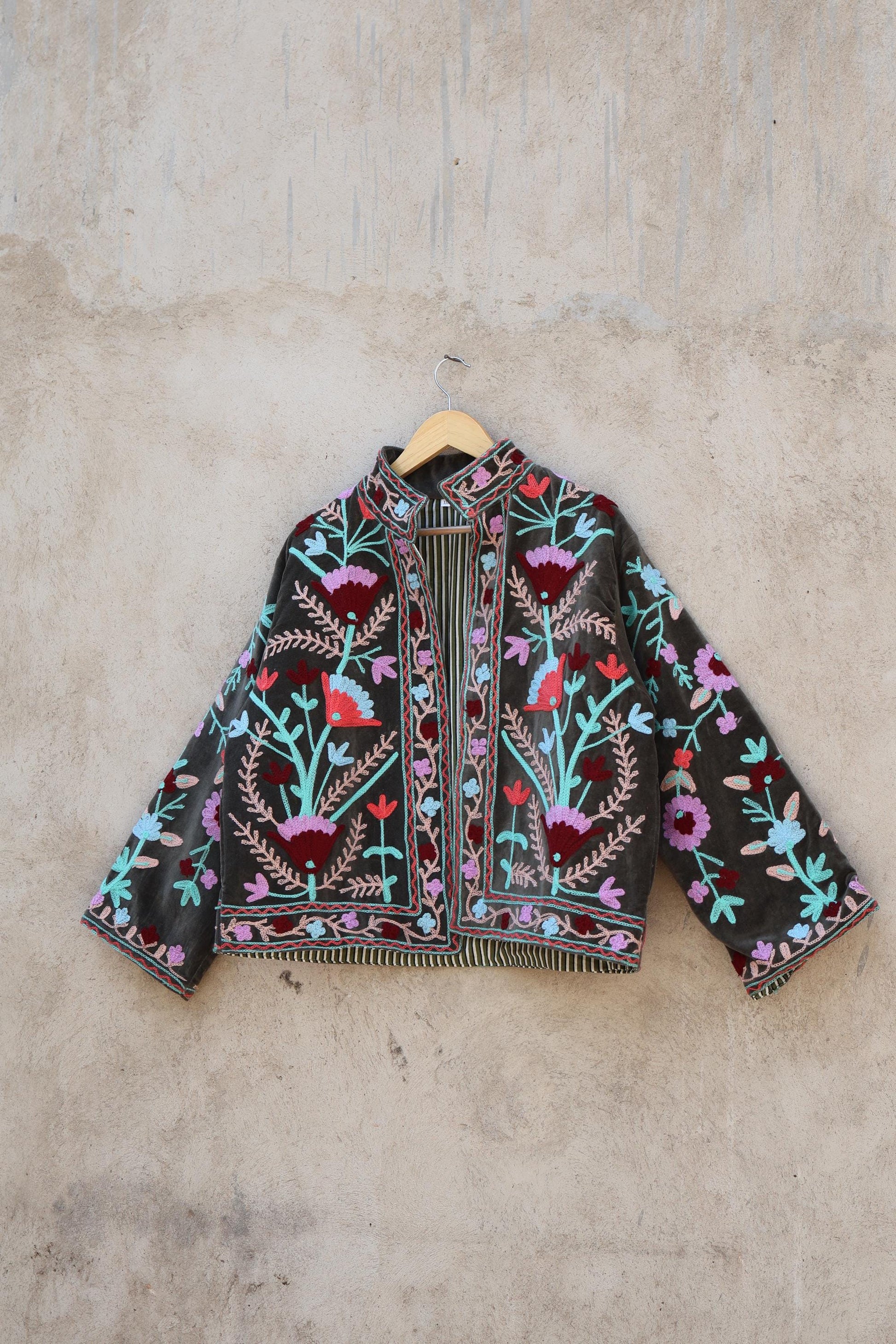 Suzani Embroidery Cotton Velvet Jacket, Kimono Jacket Handmade Soft TNT Fabric Jacket, Women's Clothing Coat Boho Jacket Spring Gift for Her