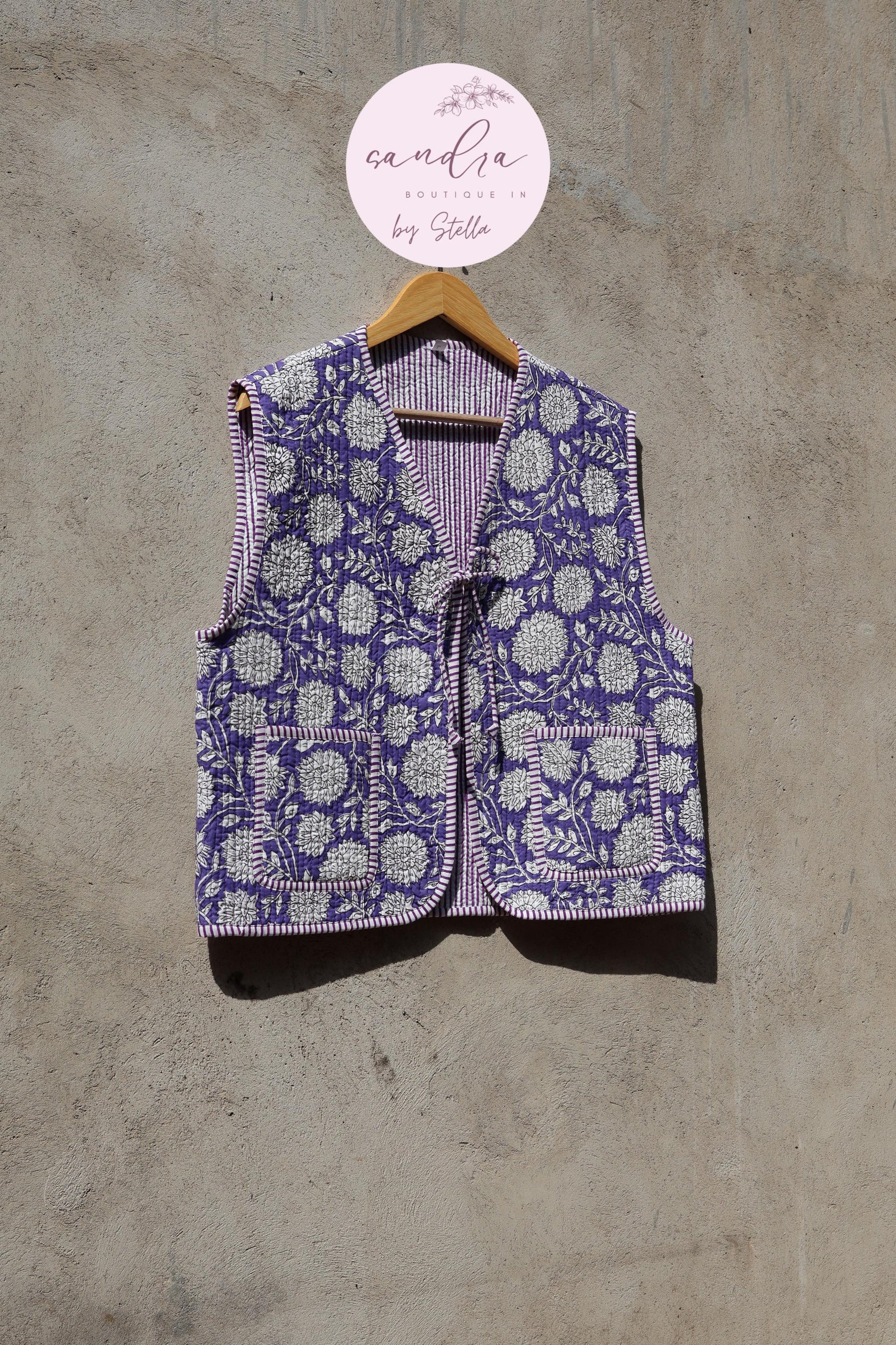 Handmade Cotton Quilted Vest Vintage Indian Purple Floral Kimono Gilet New Style Women's Outerwear Waistcoat Boho Spring Jacket Gift for Her