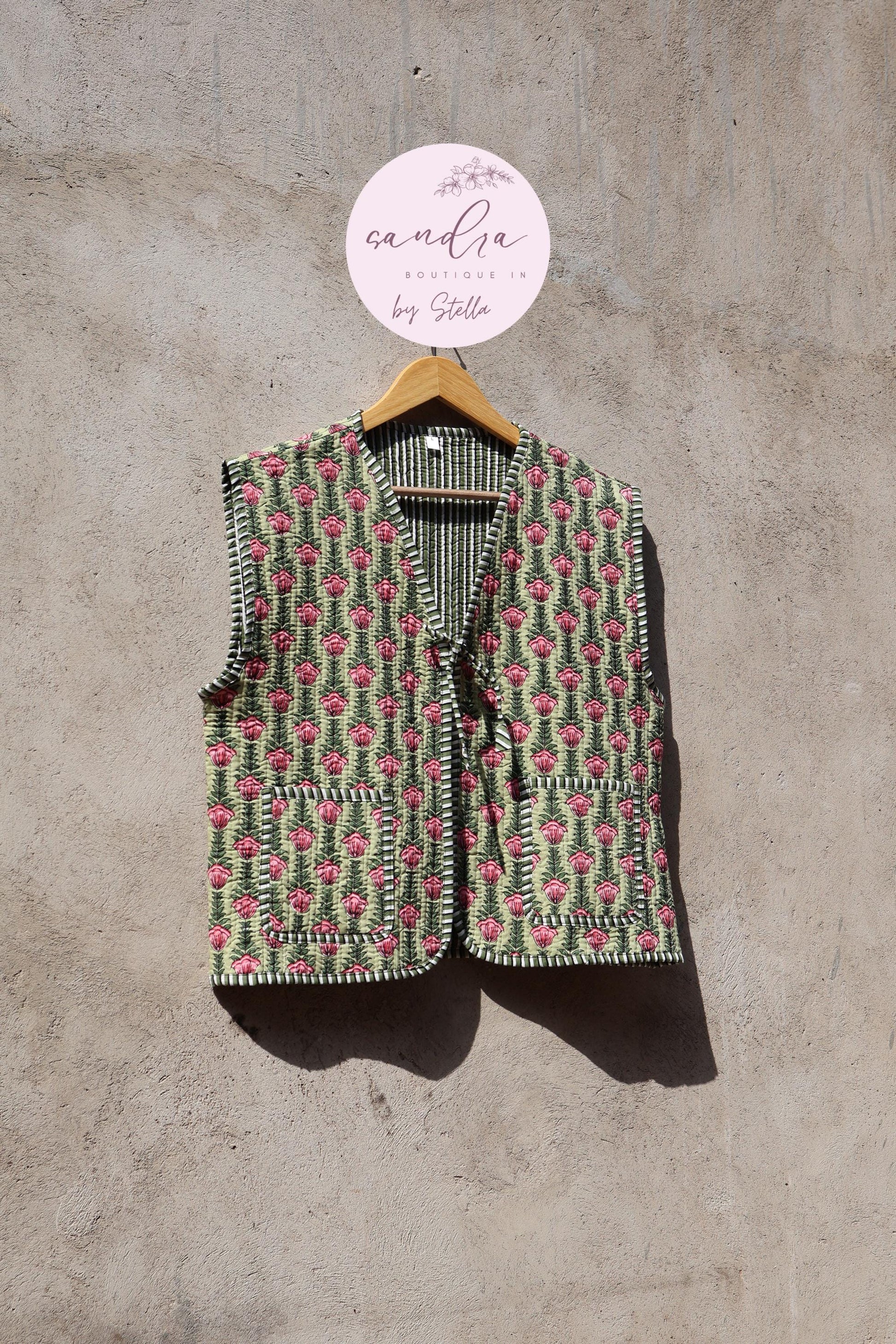 Handmade Cotton Quilted Vest Vintage Indian Green Floral Kimono Gilet New Style Women's Outerwear Waistcoat Boho Spring Jacket Gift for Her