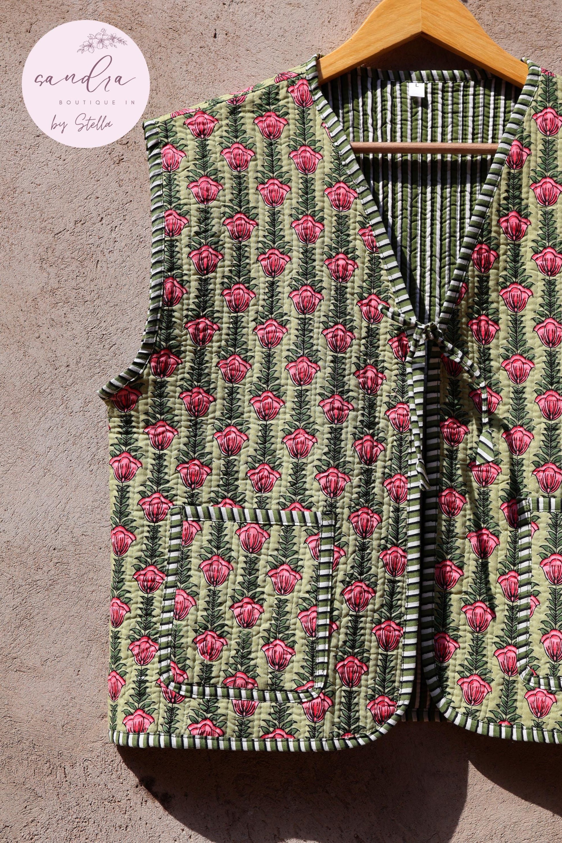 Handmade Cotton Quilted Vest Vintage Indian Green Floral Kimono Gilet New Style Women's Outerwear Waistcoat Boho Spring Jacket Gift for Her
