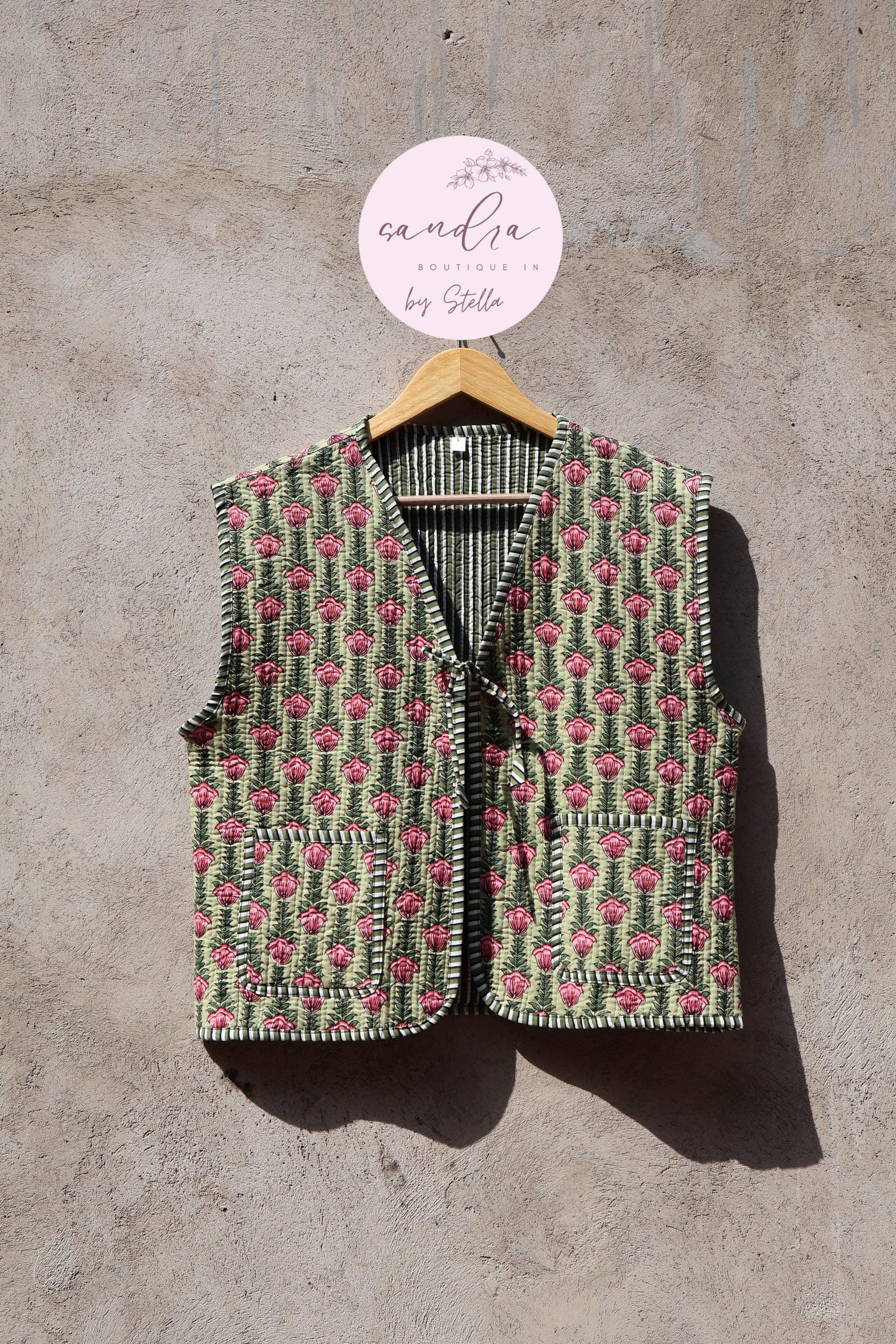 Handmade Cotton Quilted Vest Vintage Indian Green Floral Kimono Gilet New Style Women's Outerwear Waistcoat Boho Spring Jacket Gift for Her