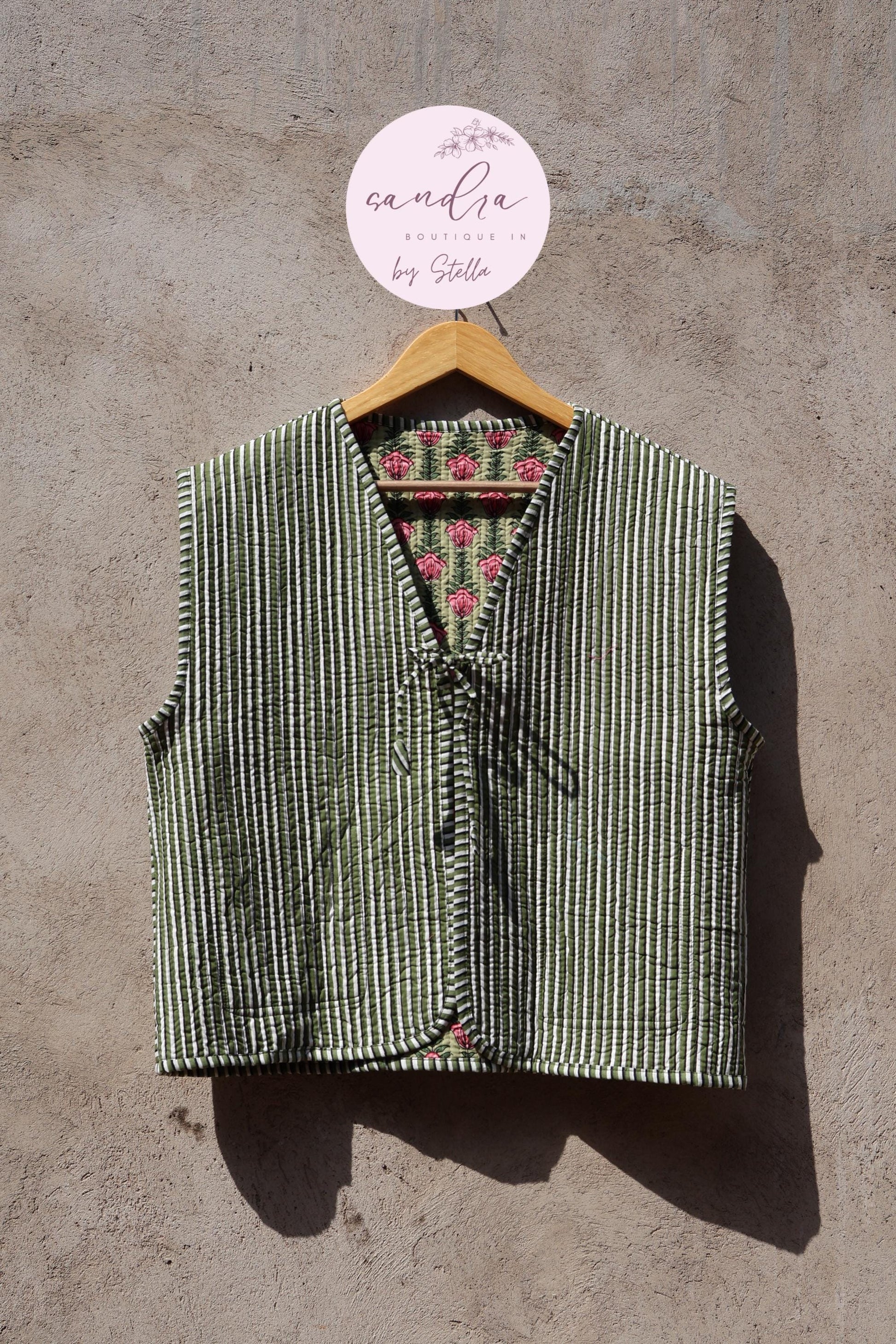 Handmade Cotton Quilted Vest Vintage Indian Green Floral Kimono Gilet New Style Women's Outerwear Waistcoat Boho Spring Jacket Gift for Her