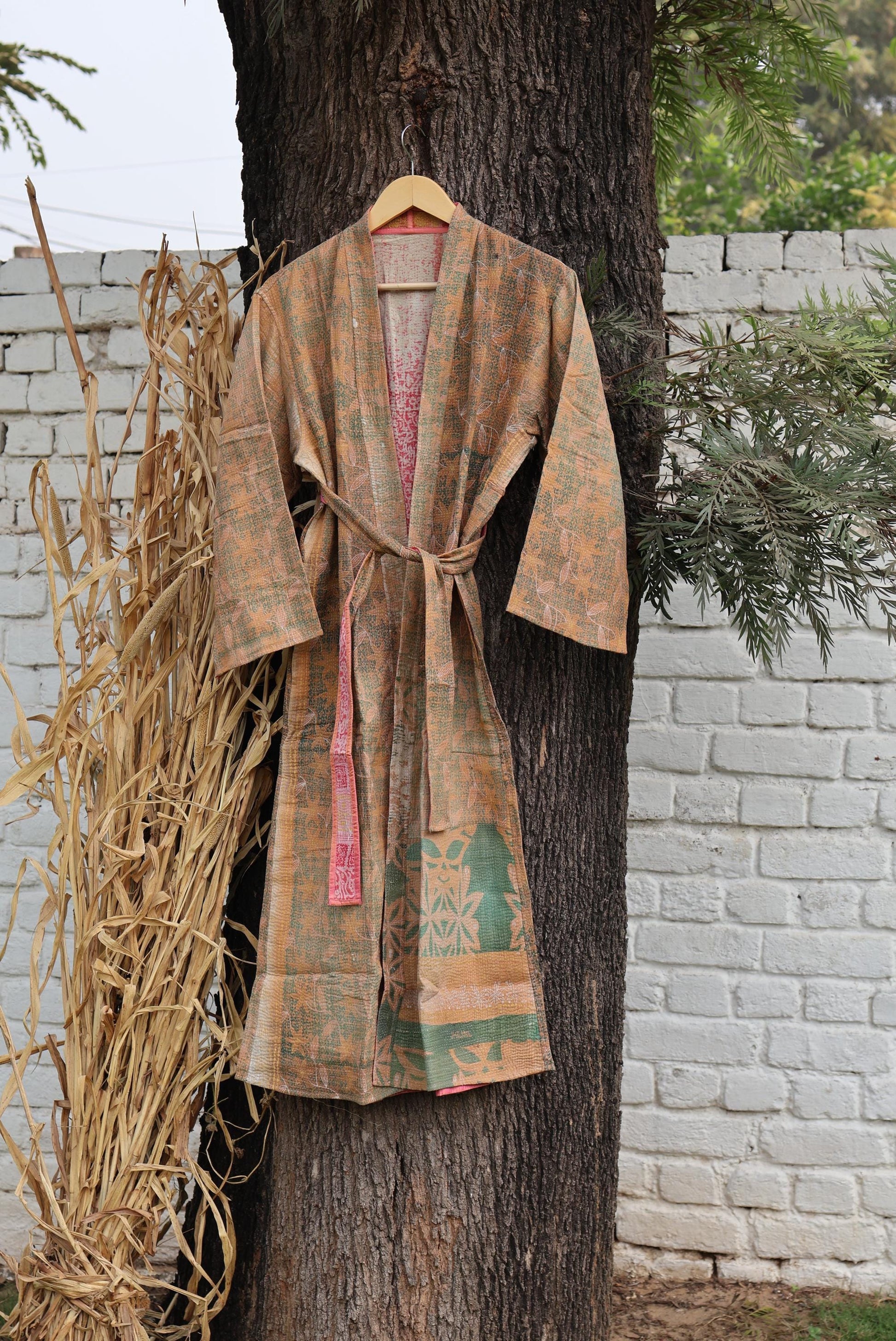 Handmade Vintage Kantha Kimono for Women - Unique Bohemian Outerwear from Recycled Indian Quilts, Ethnic style Robe, Up-Cycled Kimono Jacket