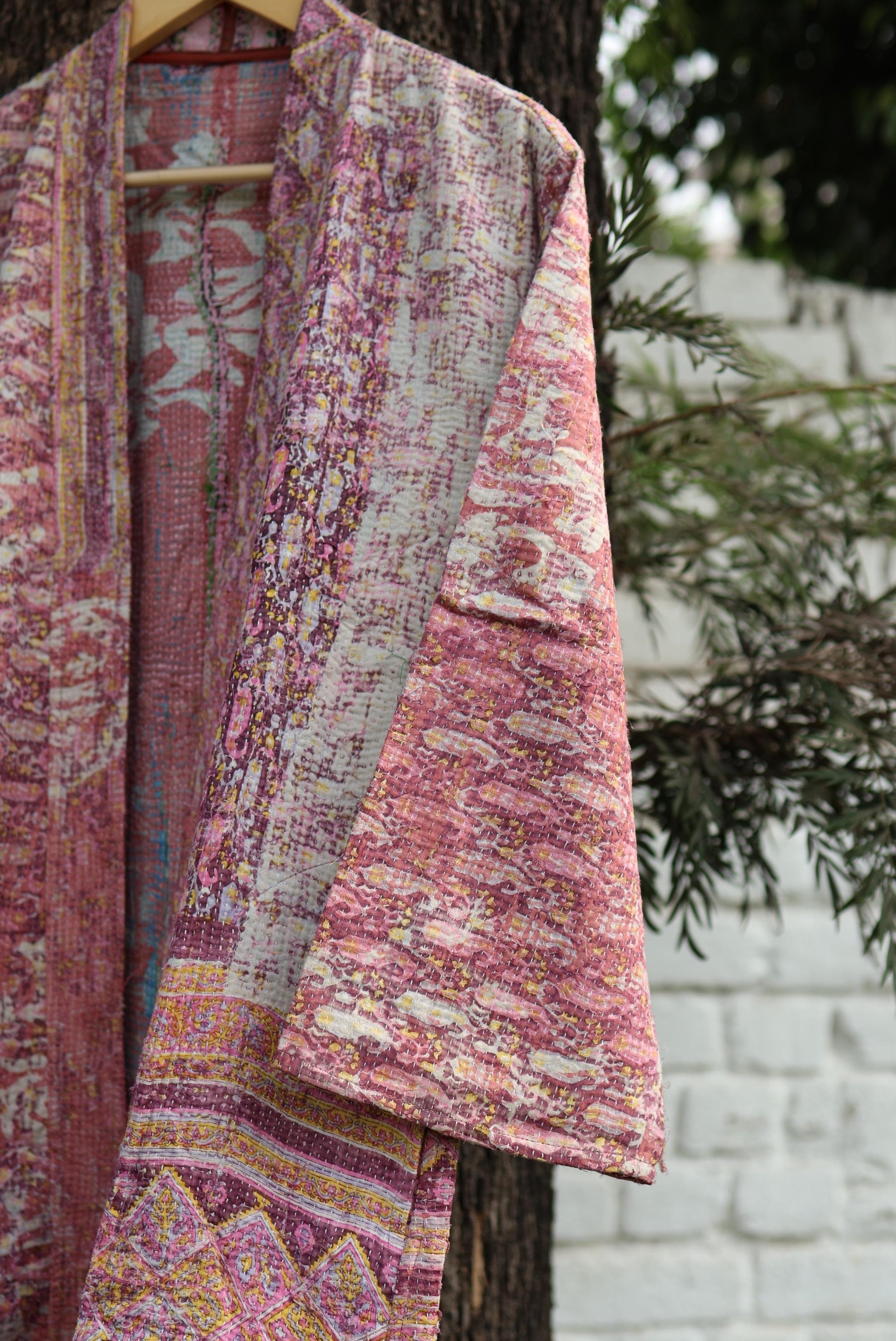 Handmade Vintage Kantha Kimono for Women - Unique Bohemian Outerwear from Recycled Indian Quilts, Ethnic style Robe, Up-Cycled Kimono Jacket