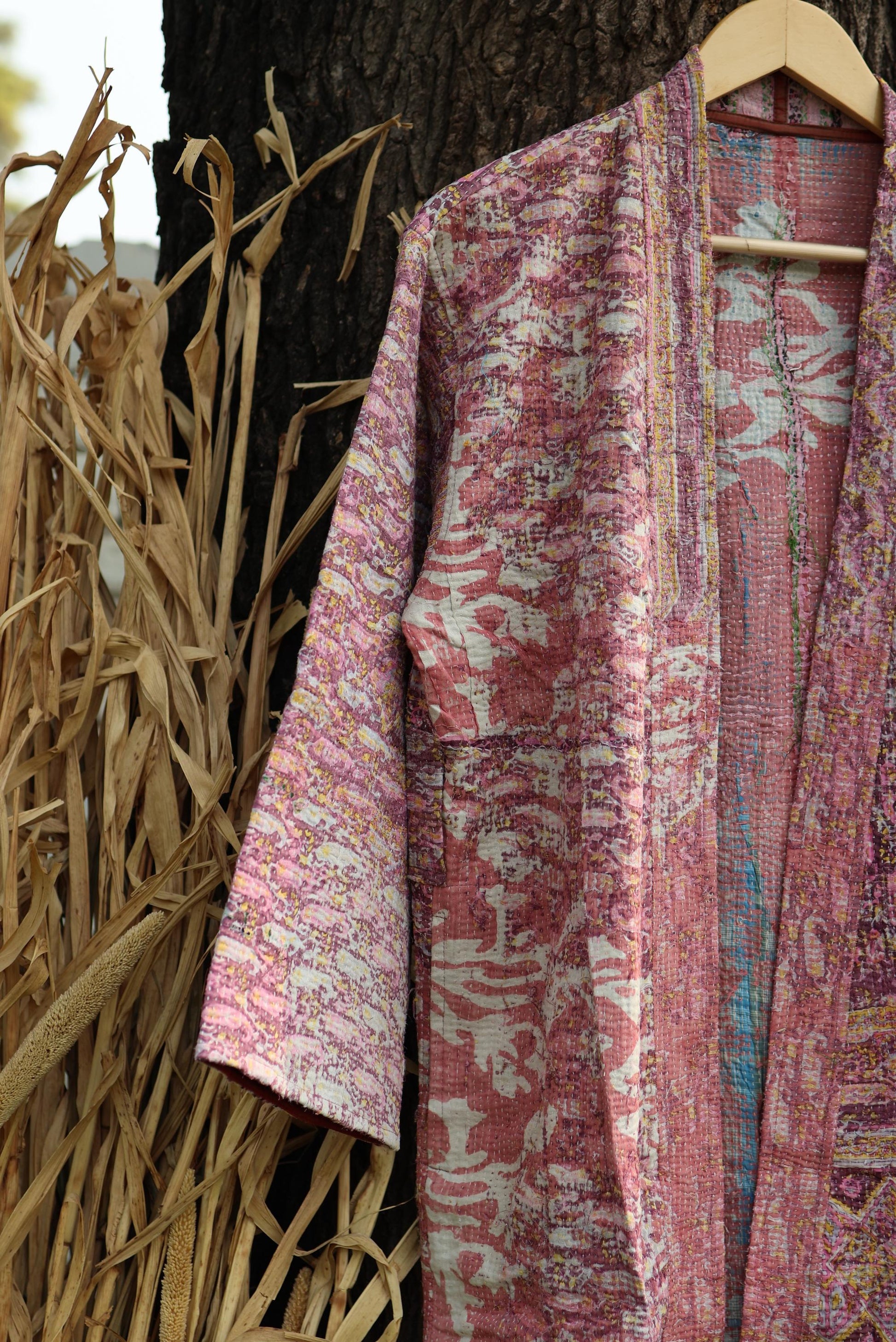 Handmade Vintage Kantha Kimono for Women - Unique Bohemian Outerwear from Recycled Indian Quilts, Ethnic style Robe, Up-Cycled Kimono Jacket