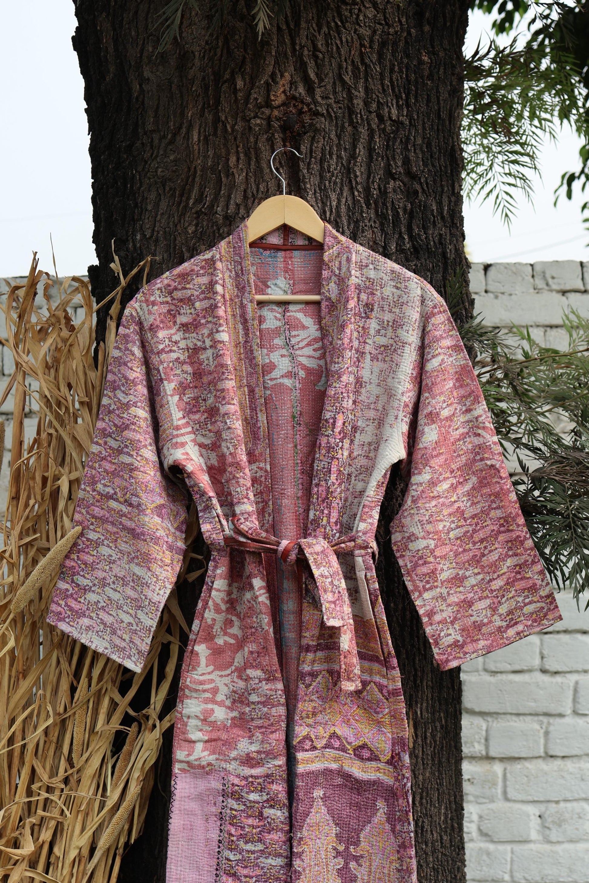 Handmade Vintage Kantha Kimono for Women - Unique Bohemian Outerwear from Recycled Indian Quilts, Ethnic style Robe, Up-Cycled Kimono Jacket