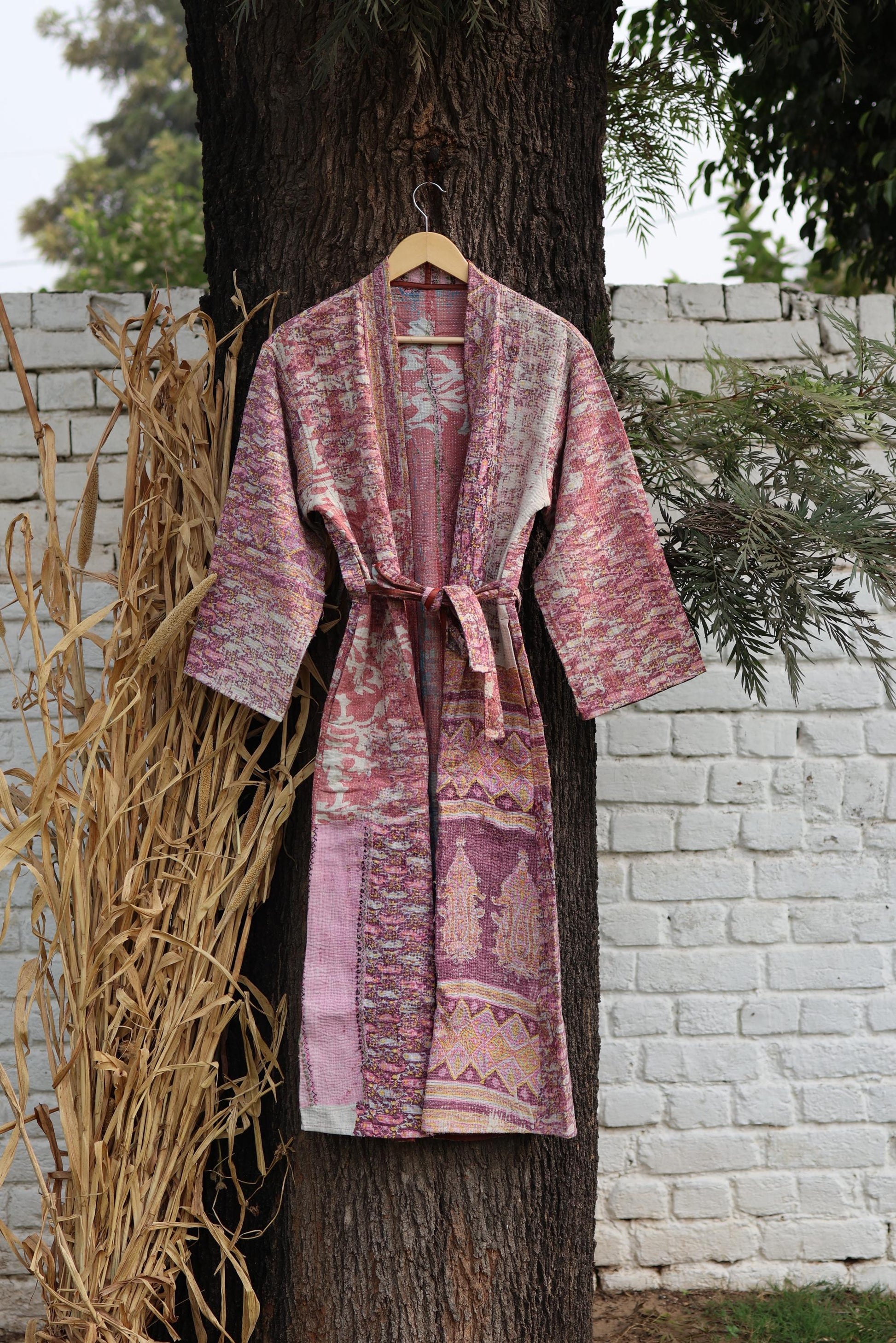 Handmade Vintage Kantha Kimono for Women - Unique Bohemian Outerwear from Recycled Indian Quilts, Ethnic style Robe, Up-Cycled Kimono Jacket