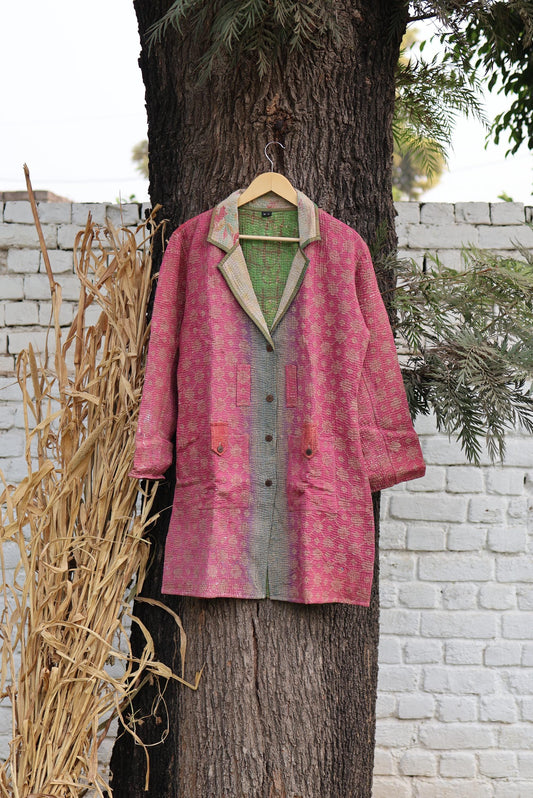 Handmade Vintage Kantha Quilt Coat for Women - Unique Bohemian Outerwear from Recycled Indian Quilts, One-off Ethnic style Up-Cycled Jacket