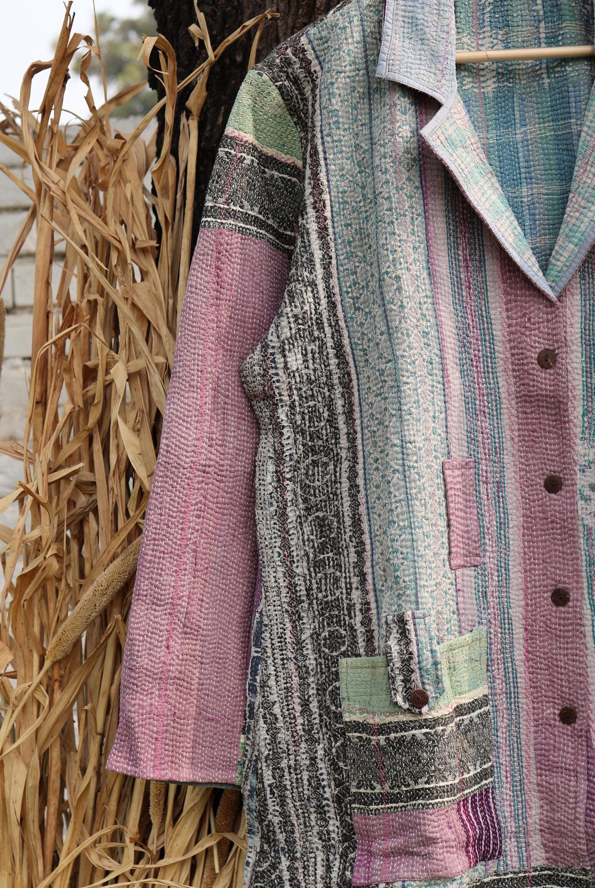 Handmade Vintage Kantha Quilt Coat for Women - Unique Bohemian Outerwear from Recycled Indian Quilts, One-off Ethnic style Up-Cycled Jacket
