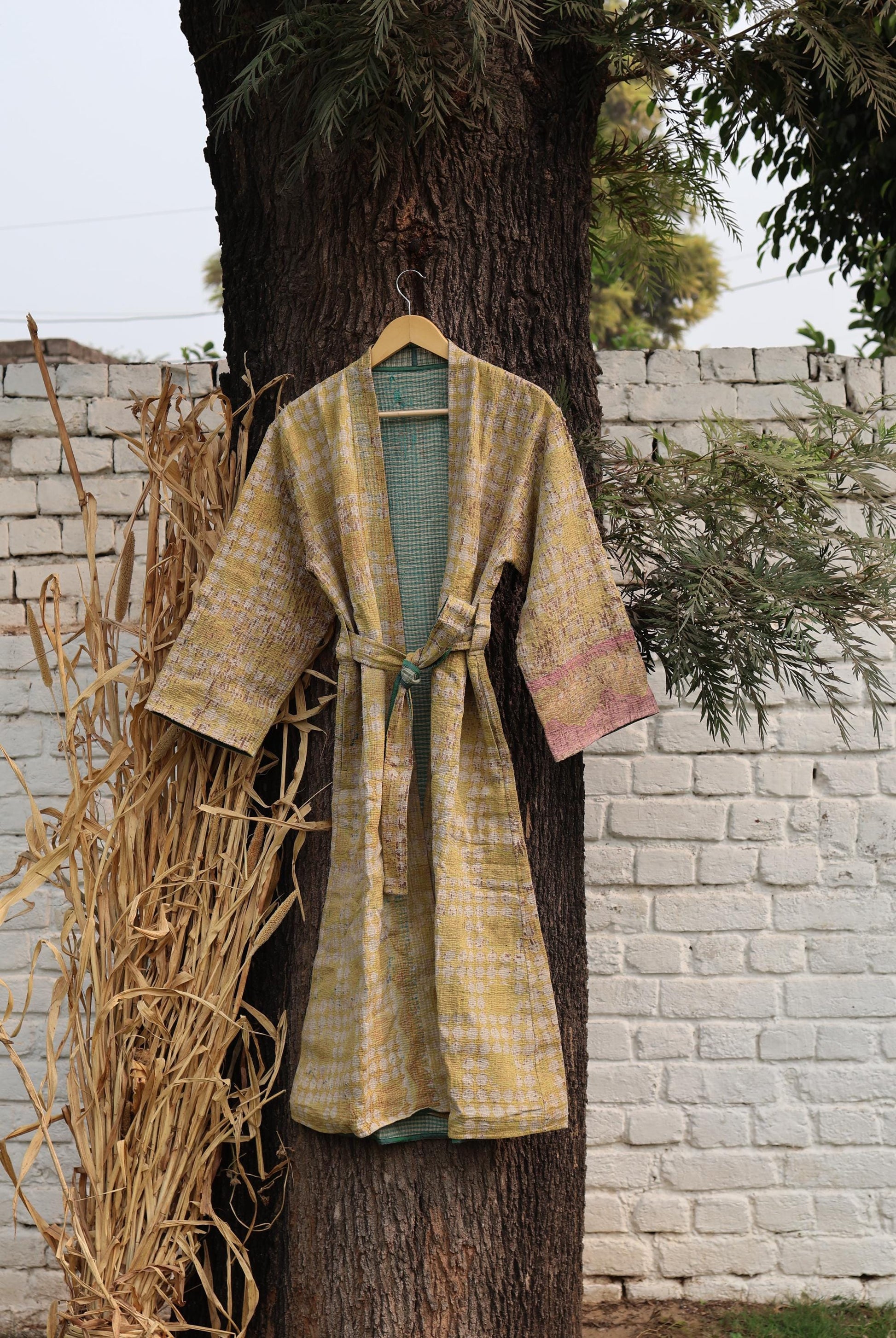 Handmade Vintage Kantha Kimono for Women - Unique Bohemian Outerwear from Recycled Indian Quilts, Ethnic style Robe, Up-Cycled Kimono Jacket