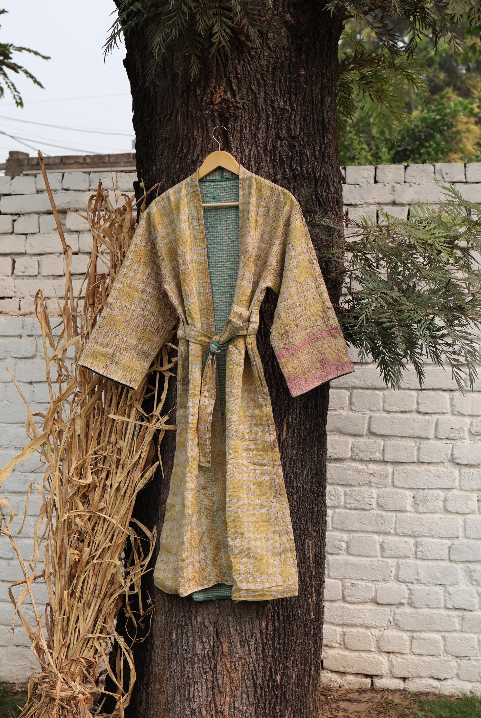 Handmade Vintage Kantha Kimono for Women - Unique Bohemian Outerwear from Recycled Indian Quilts, Ethnic style Robe, Up-Cycled Kimono Jacket