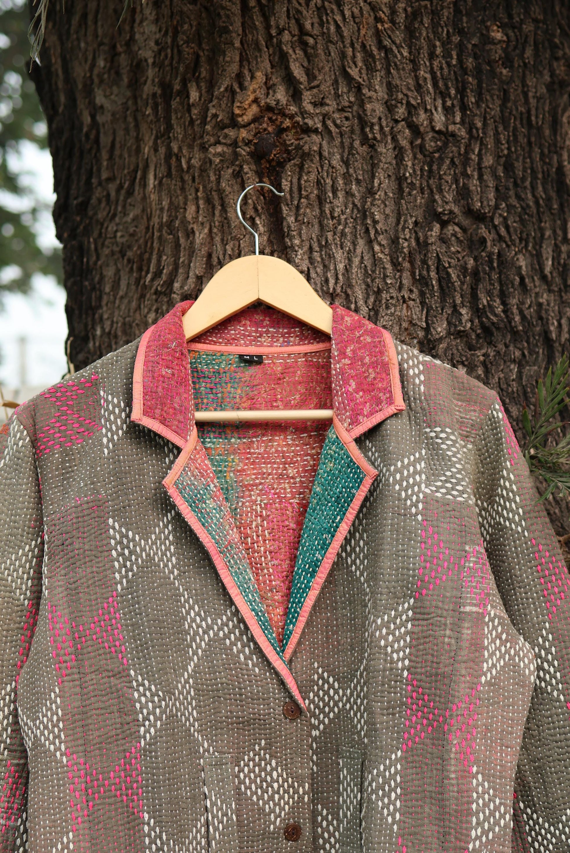 Handmade Vintage Kantha Quilt Coat for Women - Unique Bohemian Outerwear from Recycled Indian Quilts, One-off Ethnic style Up-Cycled Jacket