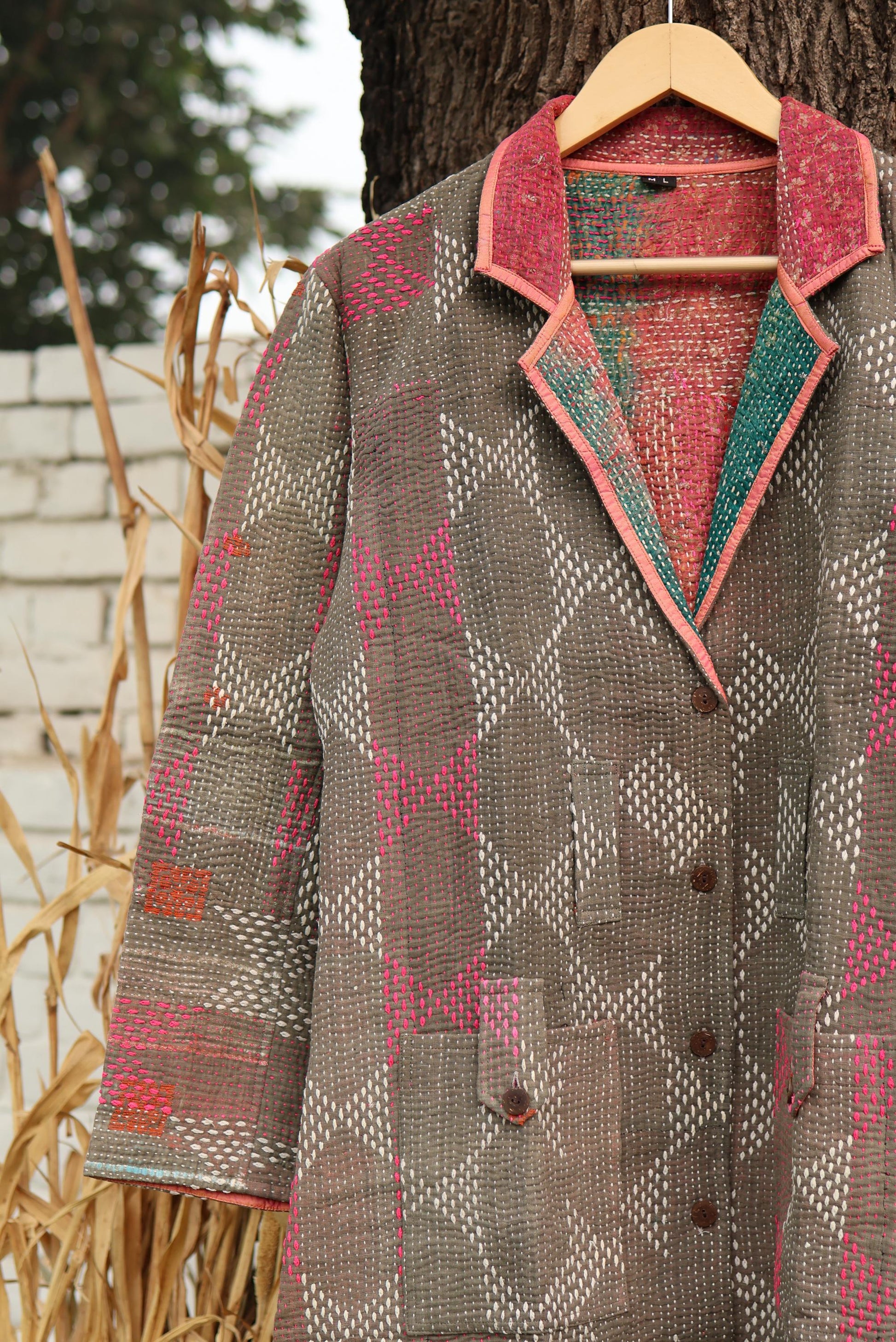 Handmade Vintage Kantha Quilt Coat for Women - Unique Bohemian Outerwear from Recycled Indian Quilts, One-off Ethnic style Up-Cycled Jacket