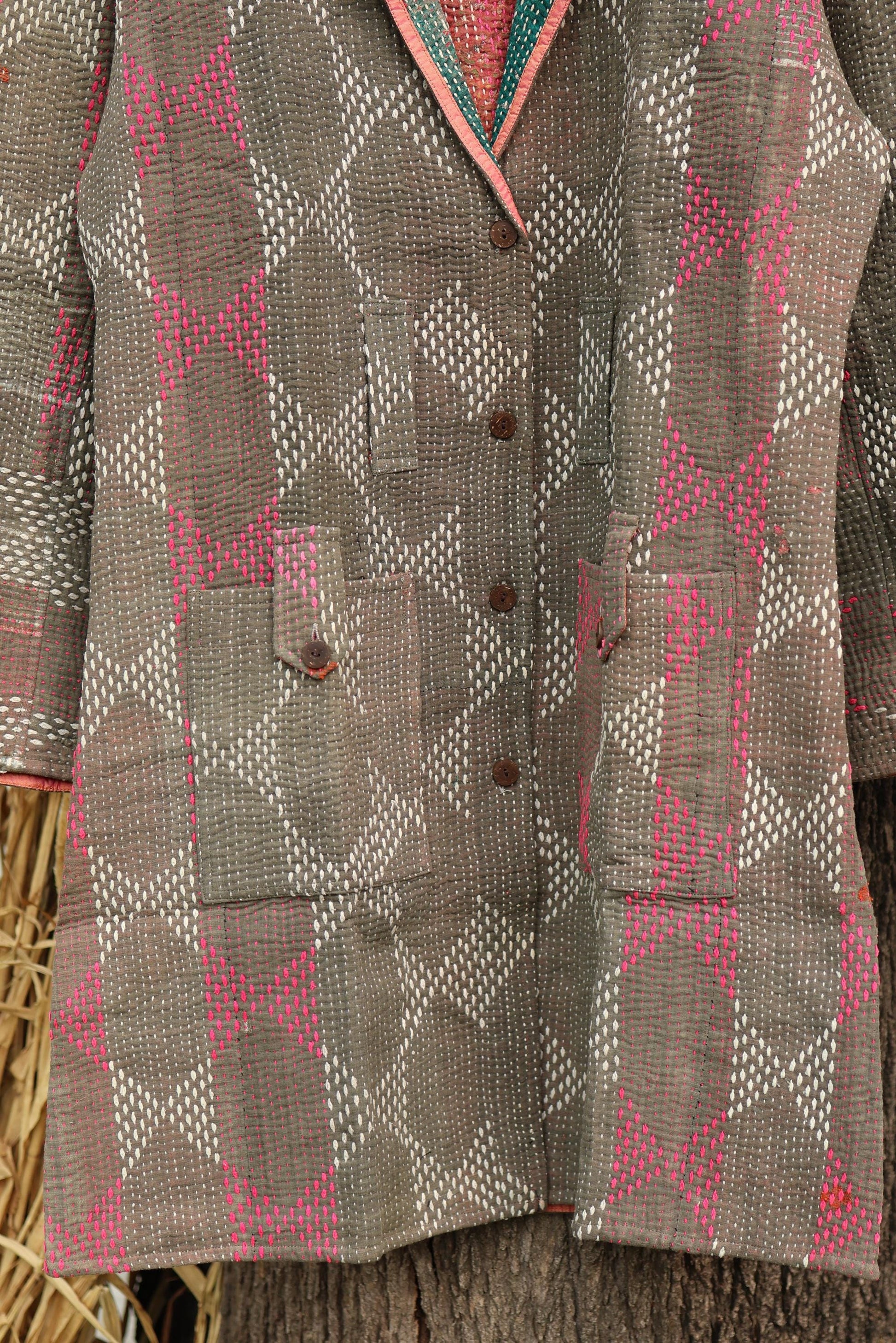 Handmade Vintage Kantha Quilt Coat for Women - Unique Bohemian Outerwear from Recycled Indian Quilts, One-off Ethnic style Up-Cycled Jacket