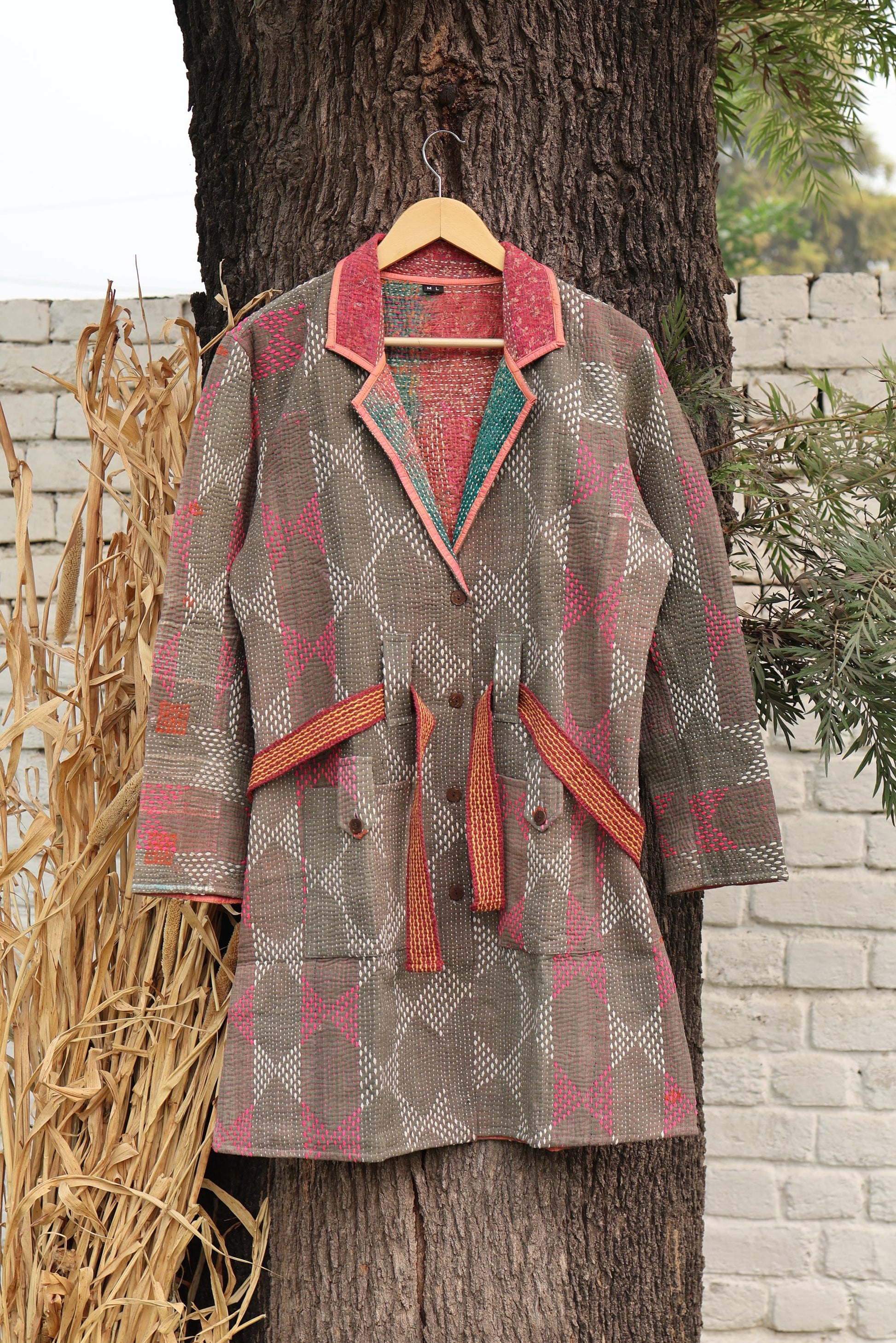 Handmade Vintage Kantha Quilt Coat for Women - Unique Bohemian Outerwear from Recycled Indian Quilts, One-off Ethnic style Up-Cycled Jacket