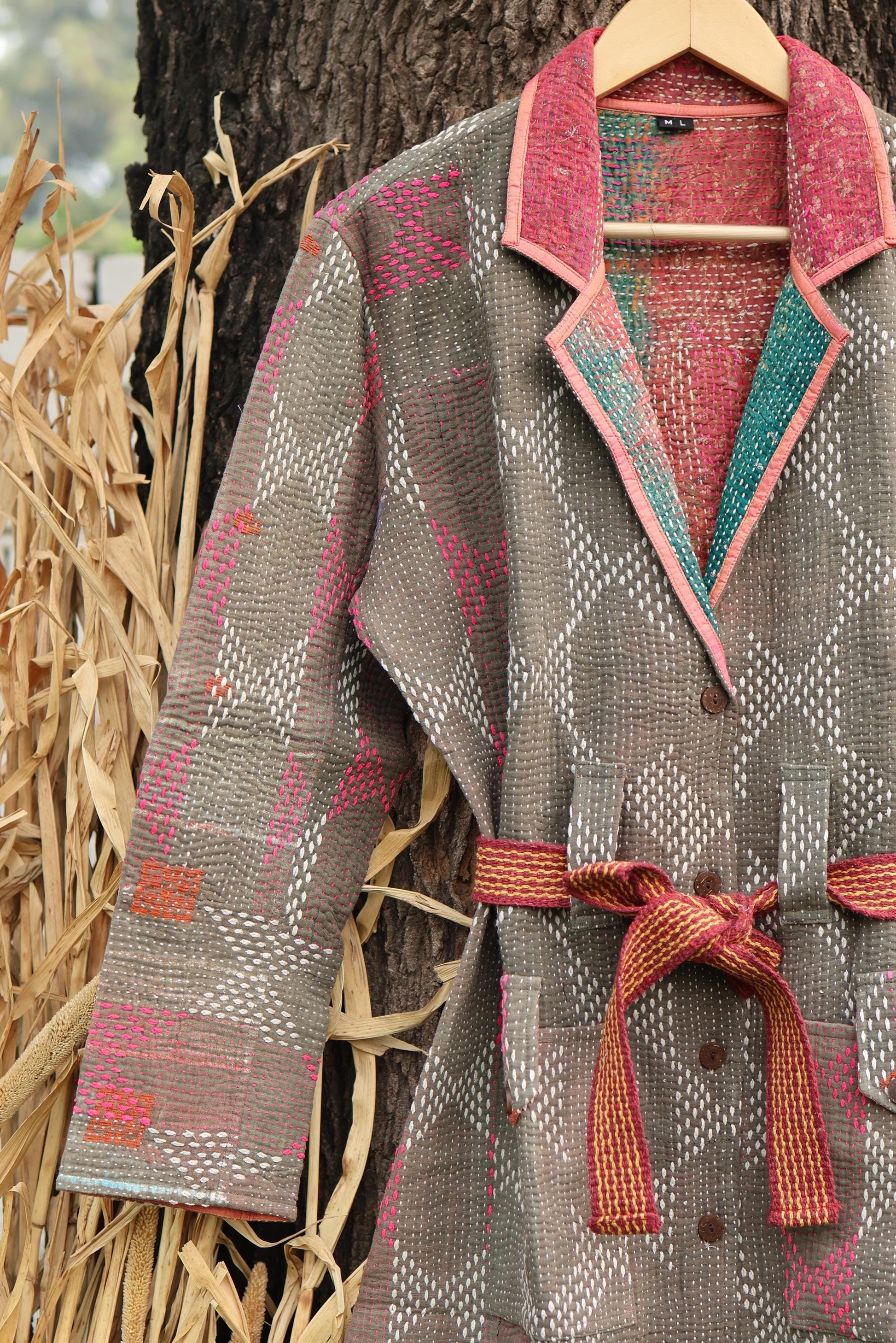 Handmade Vintage Kantha Quilt Coat for Women - Unique Bohemian Outerwear from Recycled Indian Quilts, One-off Ethnic style Up-Cycled Jacket