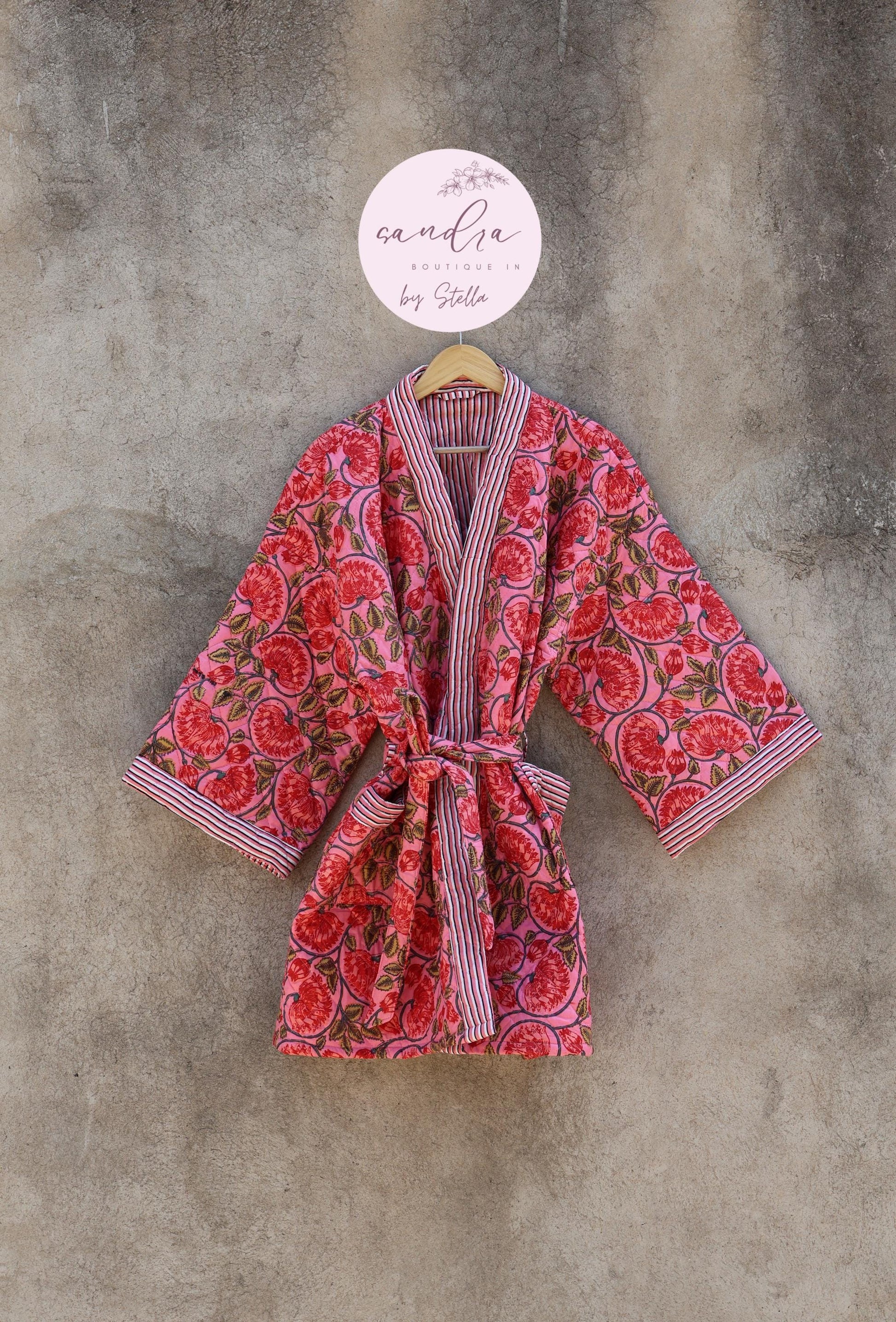 Indian Handmade Cotton Quilted Jacket, Vintage Free Size Cotton Quilted Overcoat Kimono Women's Bohemian Long Coat with Belt, Gift for Her