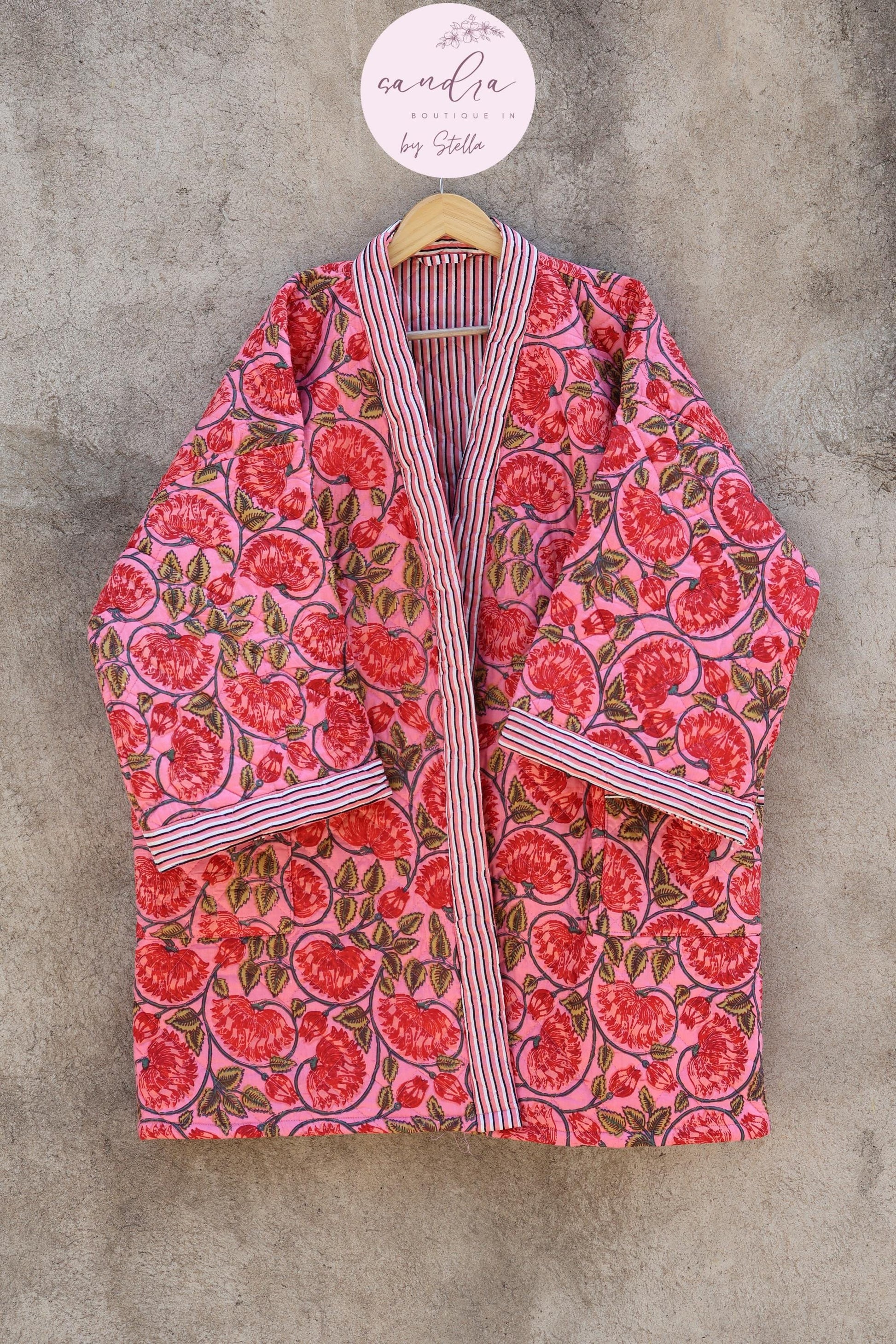 Indian Handmade Cotton Quilted Jacket, Vintage Free Size Cotton Quilted Overcoat Kimono Women's Bohemian Long Coat with Belt, Gift for Her