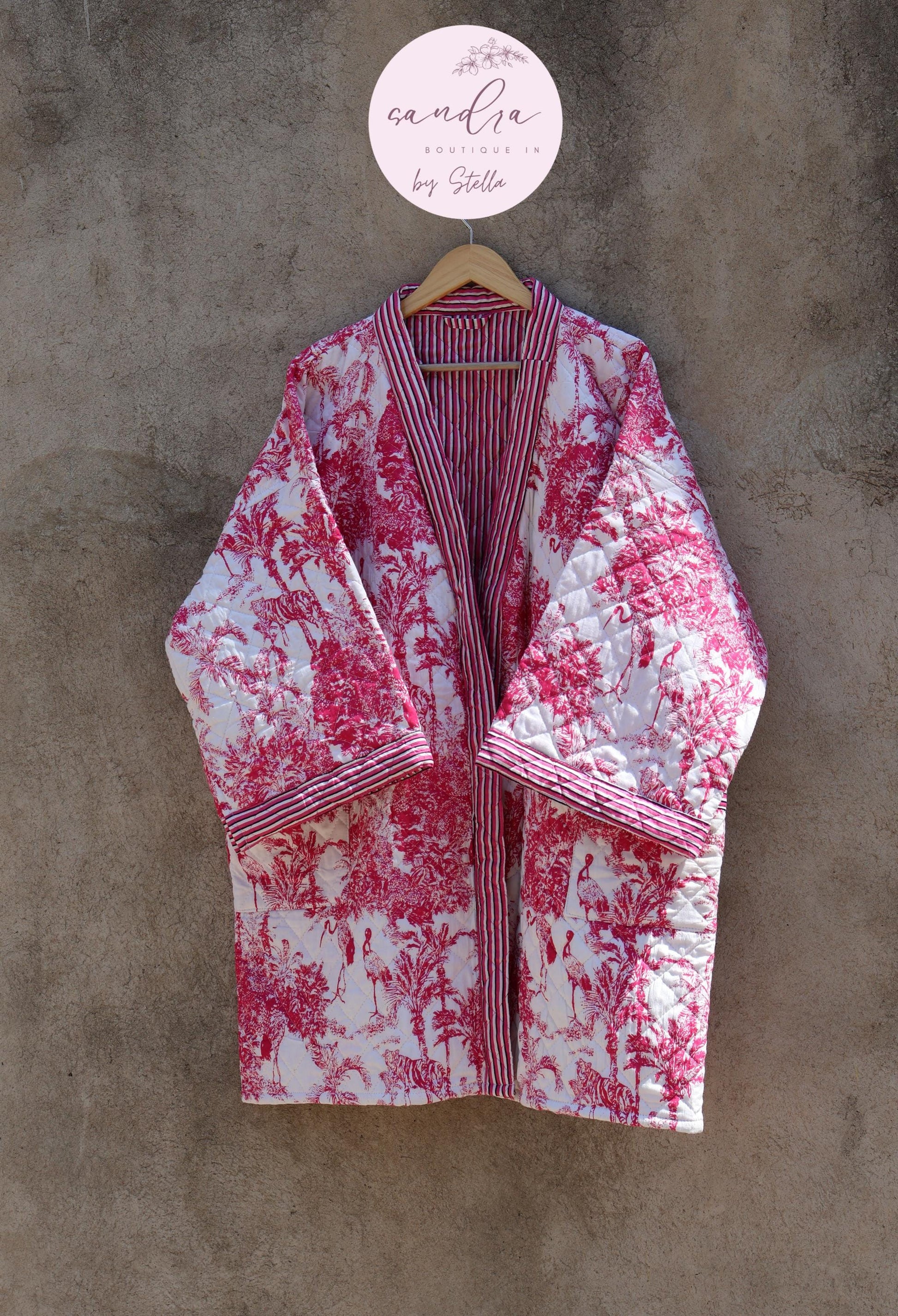 Indian Handmade Cotton Quilted Jacket, Vintage Free Size Cotton Quilted Overcoat Kimono Women's Bohemian Long Coat with Belt, Gift for Her