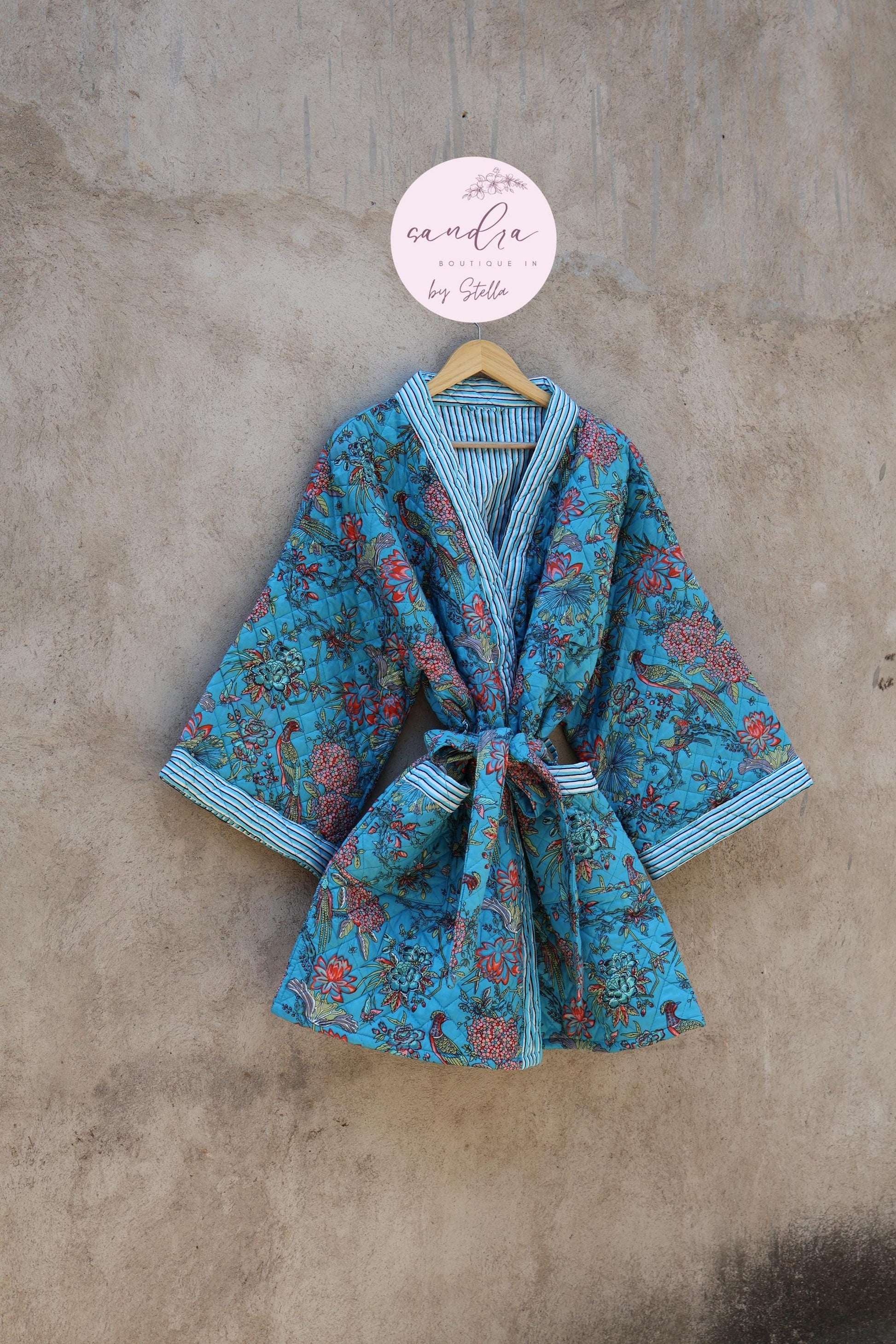 Indian Handmade Cotton Quilted Jacket, Vintage Free Size Cotton Quilted Overcoat Kimono Women's Bohemian Long Coat with Belt, Gift for Her