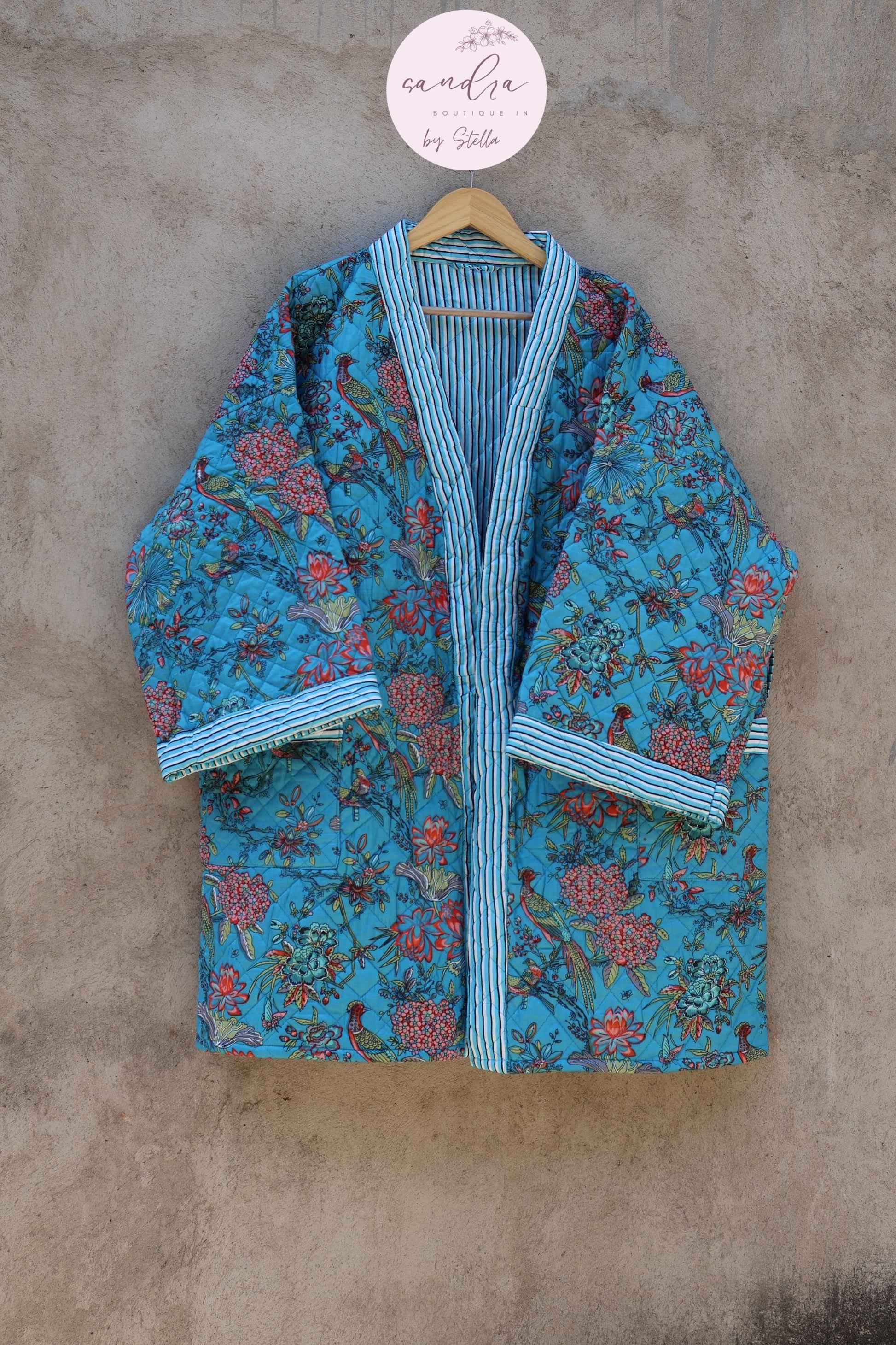Indian Handmade Cotton Quilted Jacket, Vintage Free Size Cotton Quilted Overcoat Kimono Women's Bohemian Long Coat with Belt, Gift for Her
