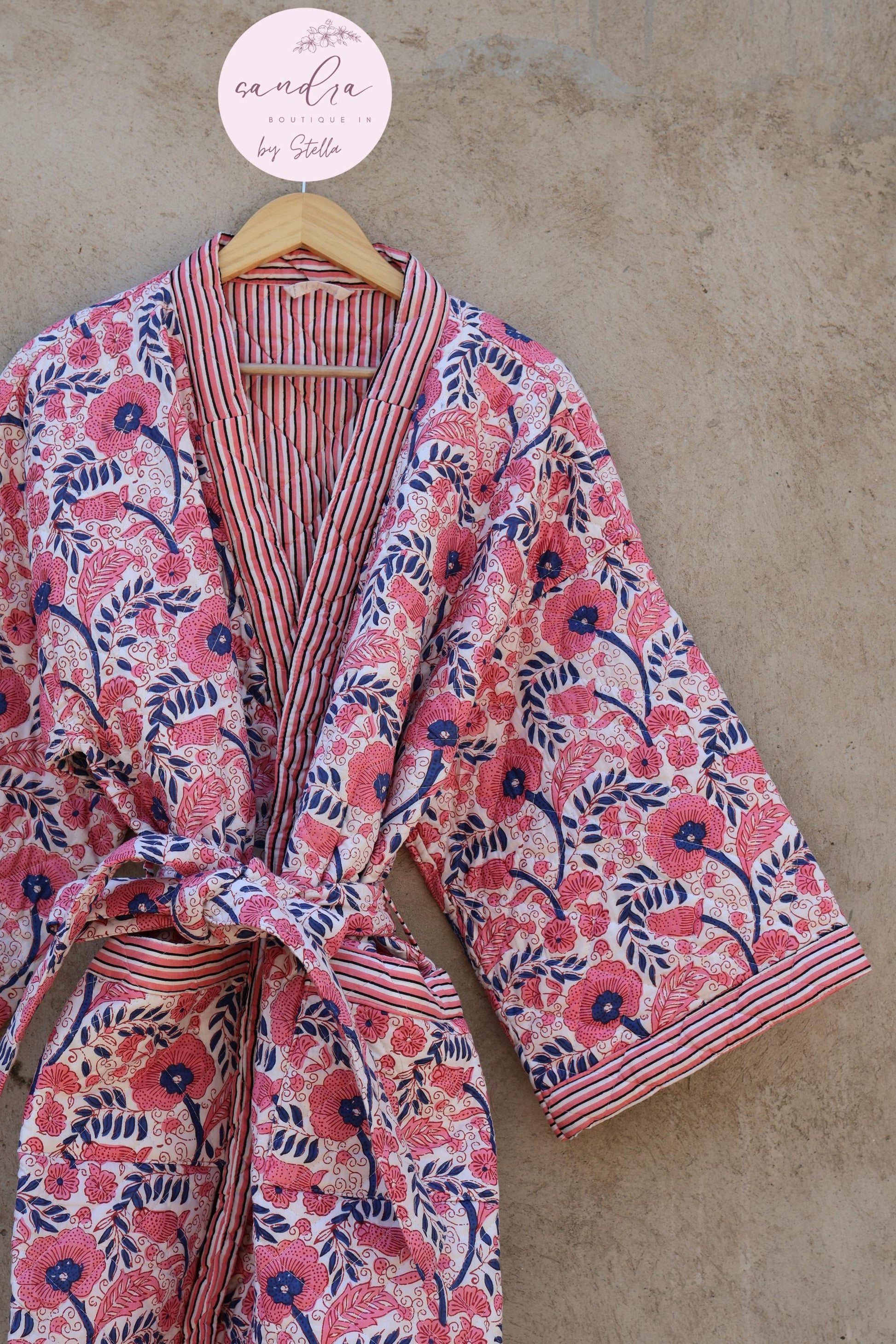 Indian Handmade Cotton Quilted Jacket, Vintage Free Size Cotton Quilted Overcoat Kimono Women's Bohemian Long Coat with Belt, Gift for Her