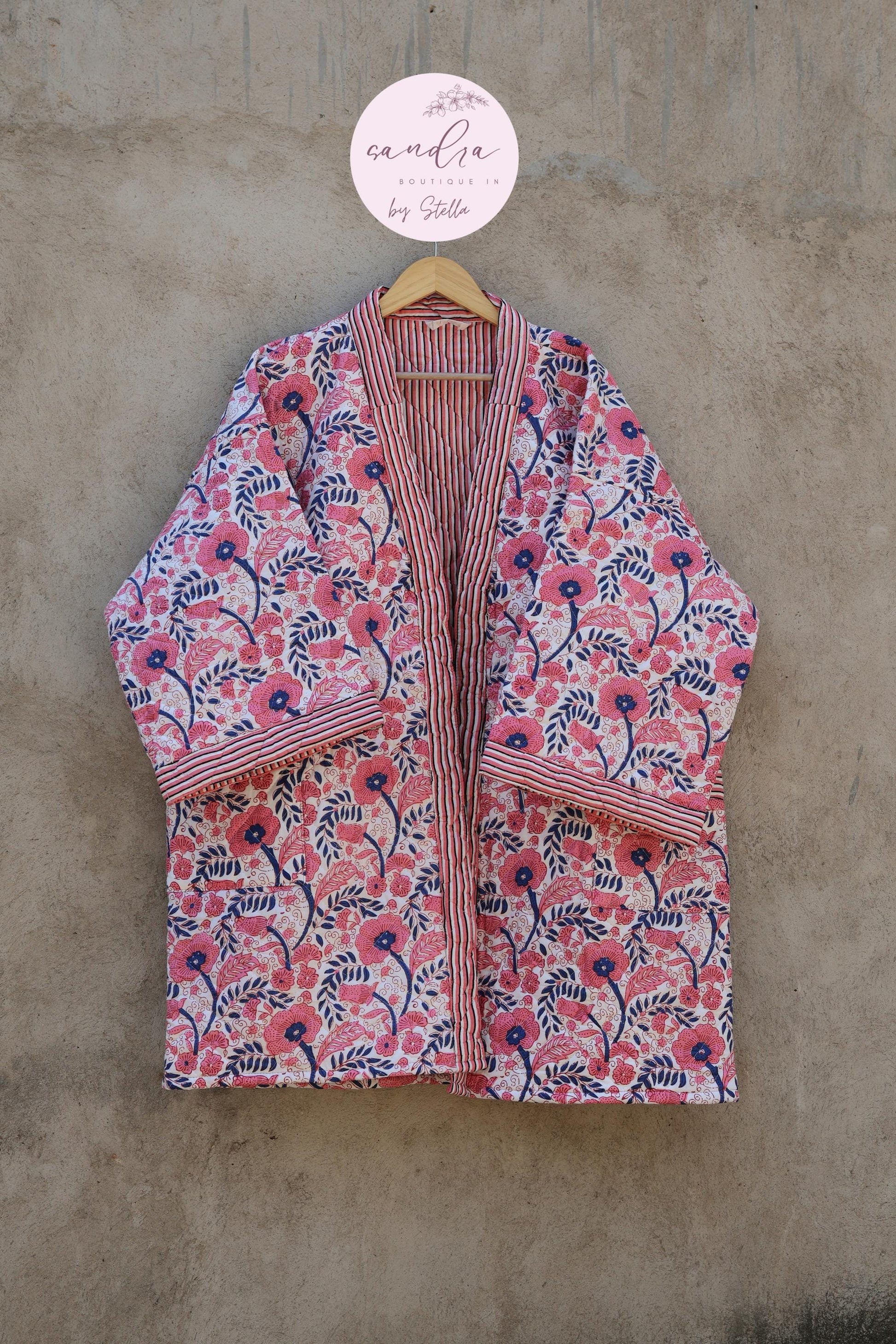 Indian Handmade Cotton Quilted Jacket, Vintage Free Size Cotton Quilted Overcoat Kimono Women's Bohemian Long Coat with Belt, Gift for Her