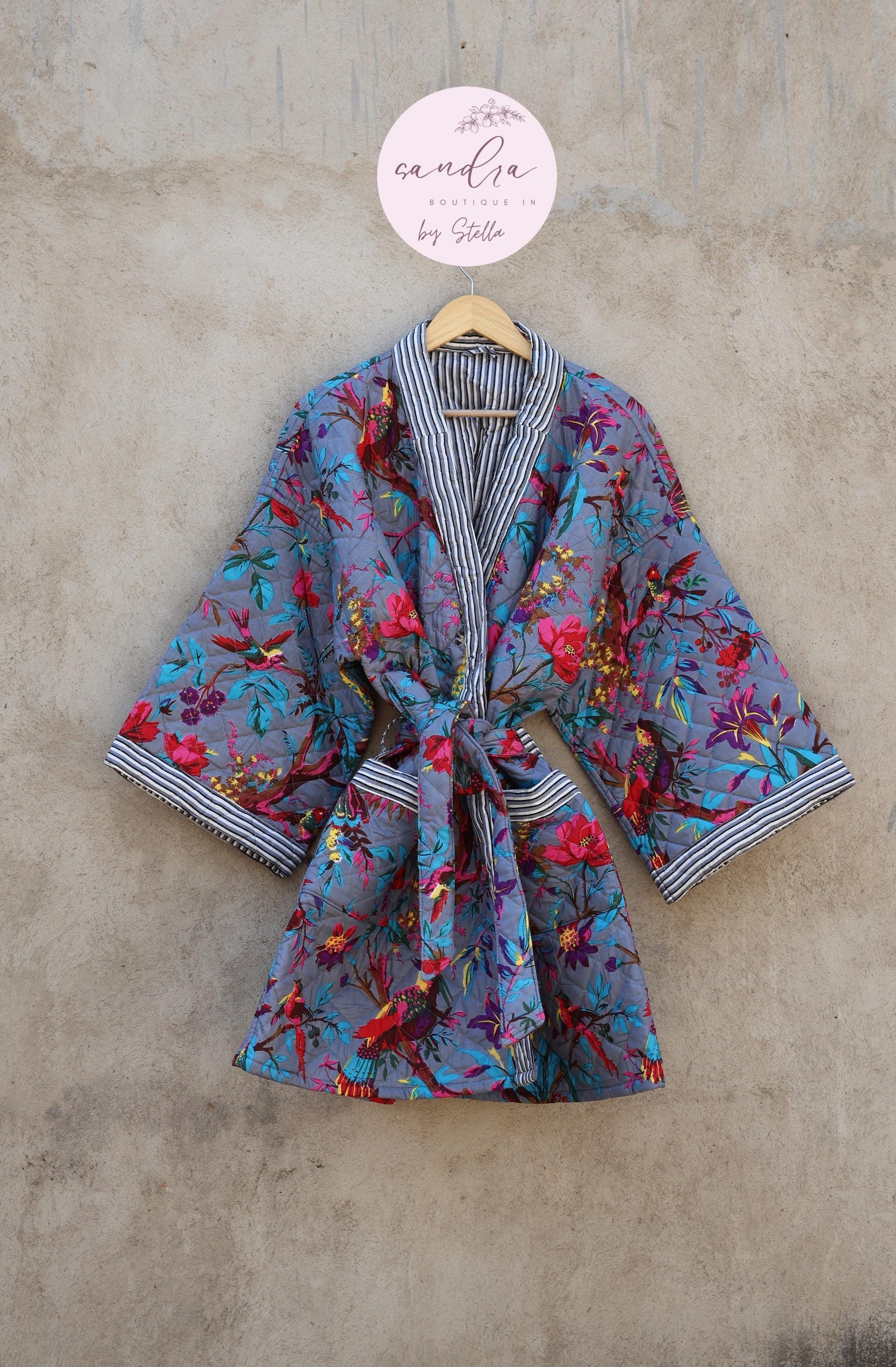 Indian Handmade Cotton Quilted Jacket, Vintage Free Size Cotton Quilted Overcoat Kimono Women's Bohemian Long Coat with Belt, Gift for Her