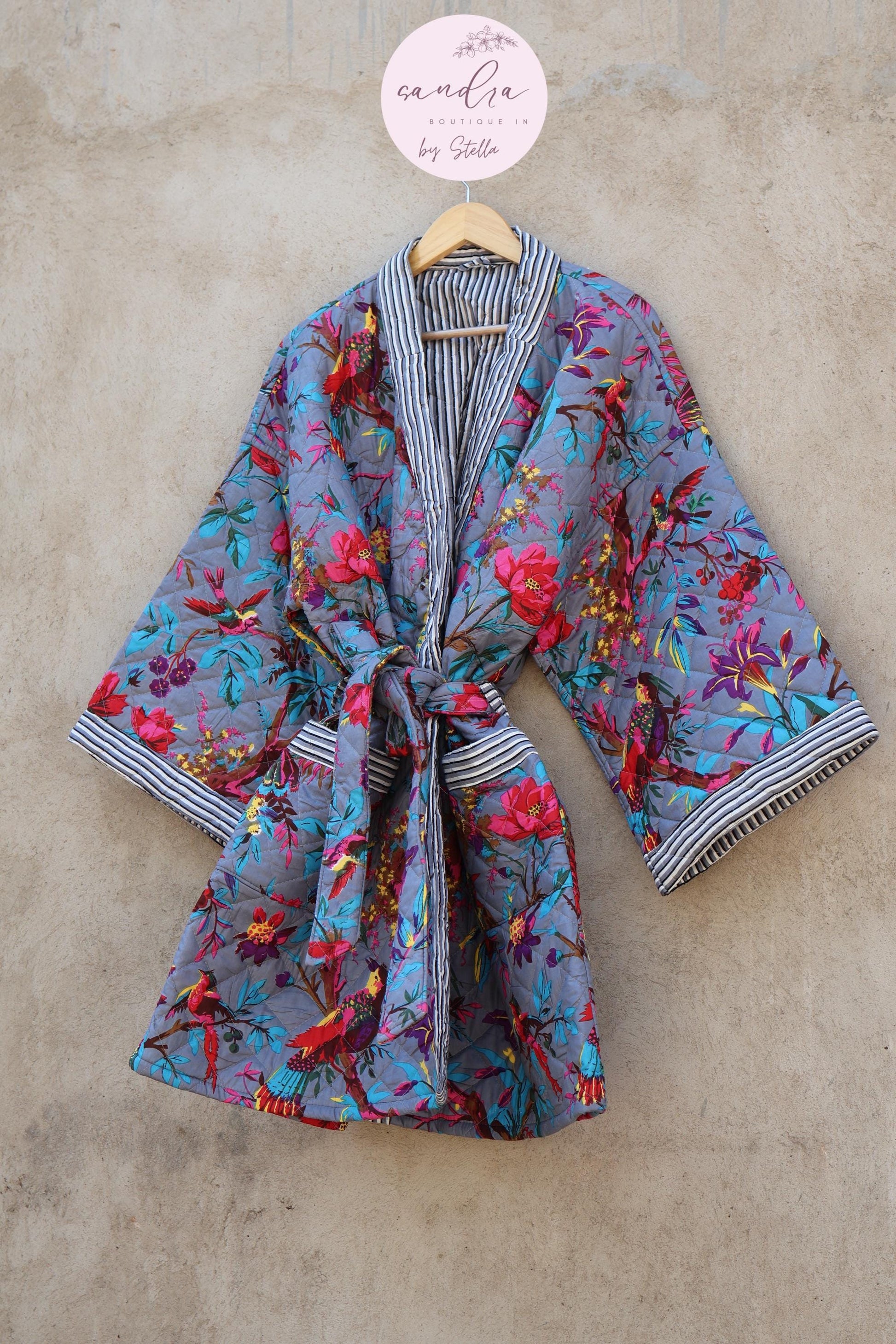 Indian Handmade Cotton Quilted Jacket, Vintage Free Size Cotton Quilted Overcoat Kimono Women's Bohemian Long Coat with Belt, Gift for Her