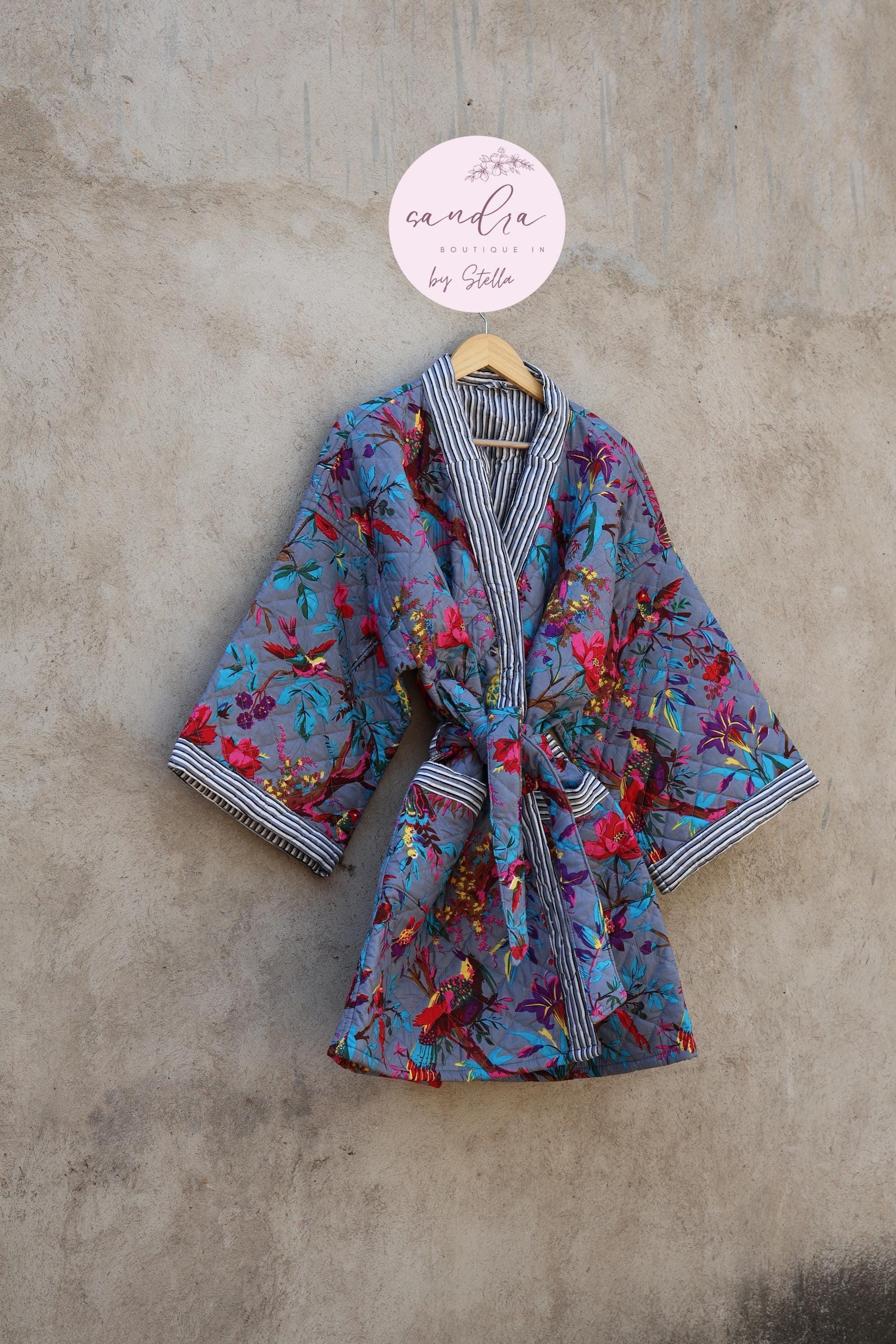 Indian Handmade Cotton Quilted Jacket, Vintage Free Size Cotton Quilted Overcoat Kimono Women's Bohemian Long Coat with Belt, Gift for Her