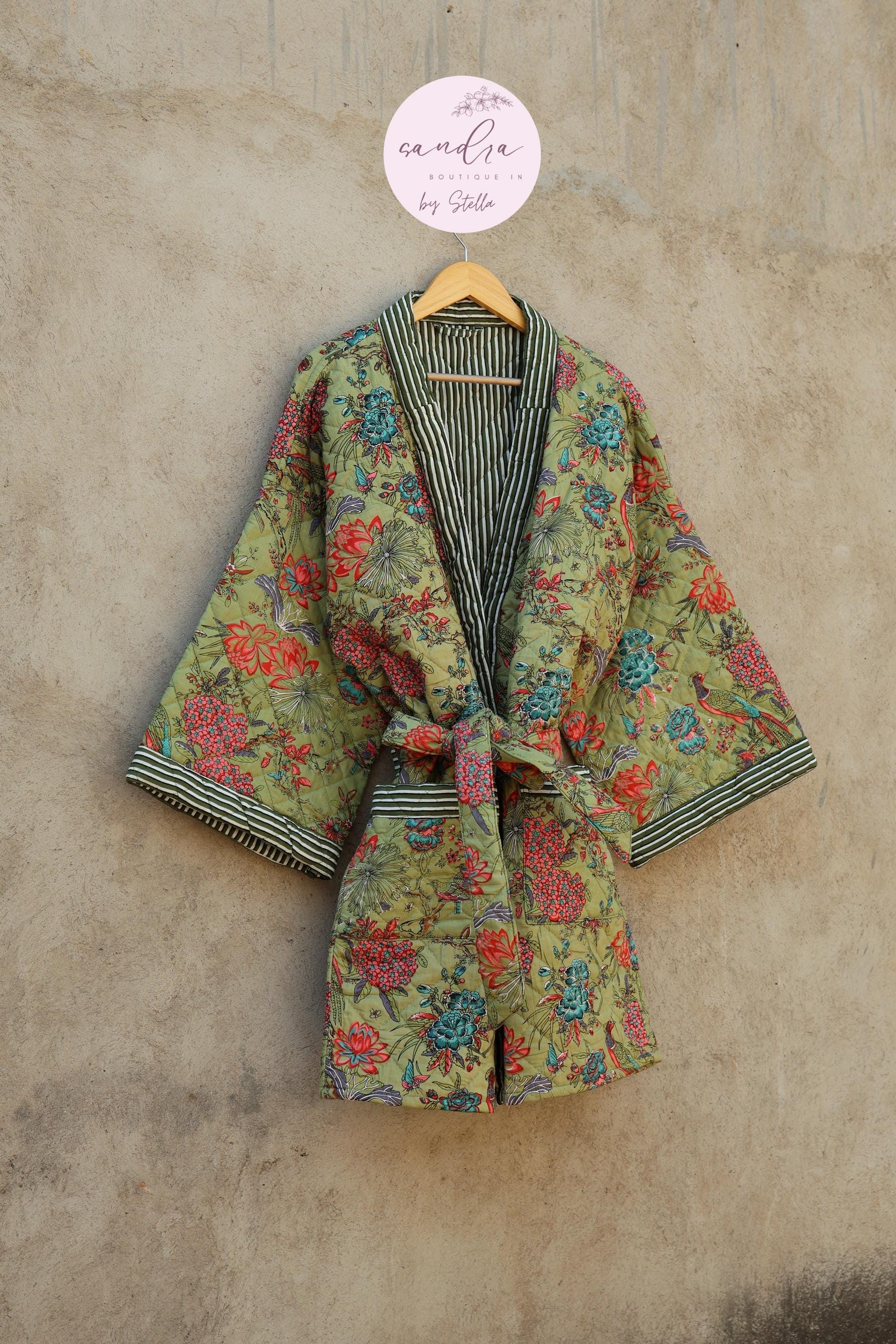 Indian Handmade Cotton Quilted Jacket, Vintage Free Size Cotton Quilted Overcoat Kimono Women's Bohemian Long Coat with Belt, Gift for Her
