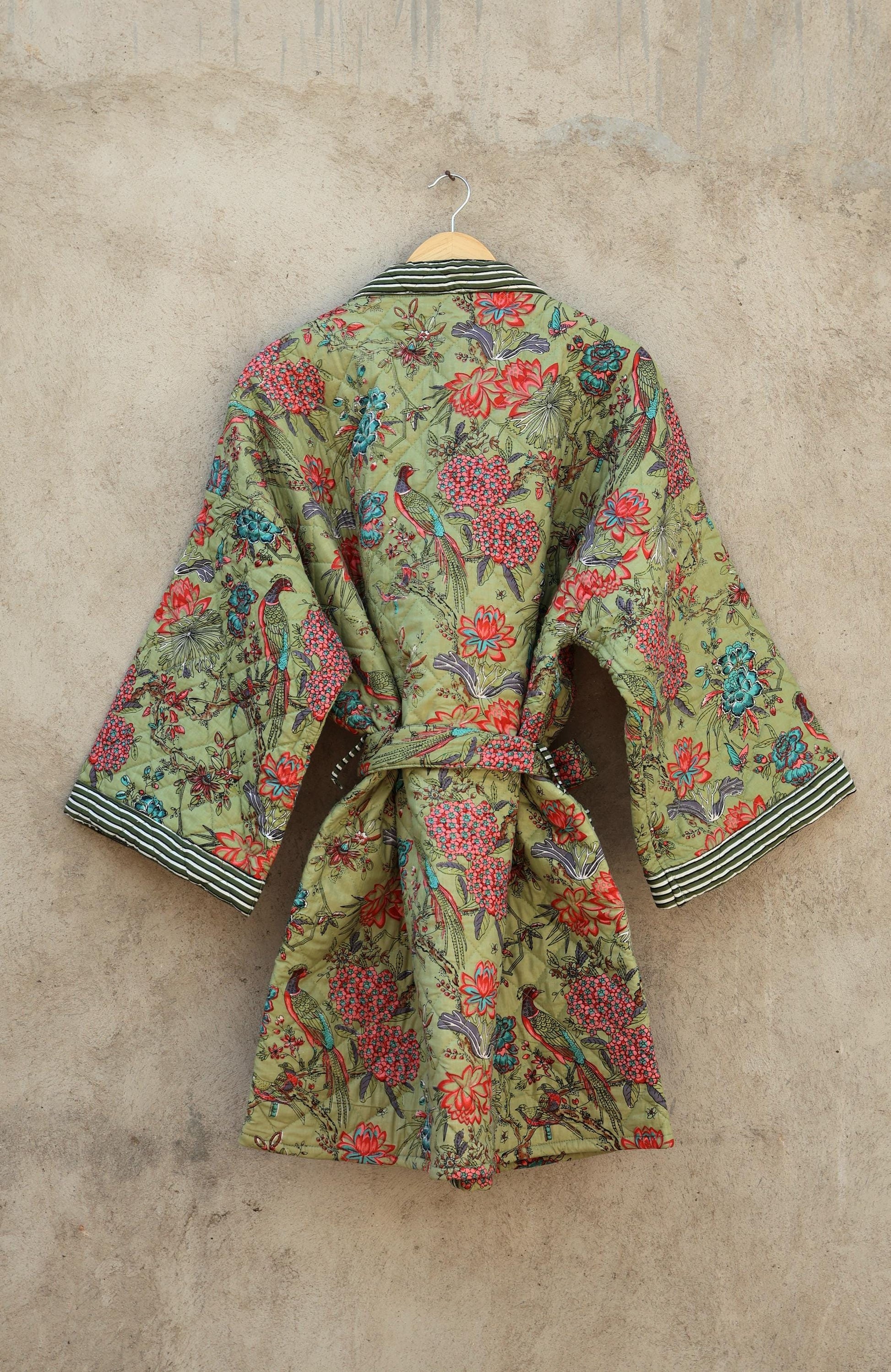 Indian Handmade Cotton Quilted Jacket, Vintage Free Size Cotton Quilted Overcoat Kimono Women's Bohemian Long Coat with Belt, Gift for Her