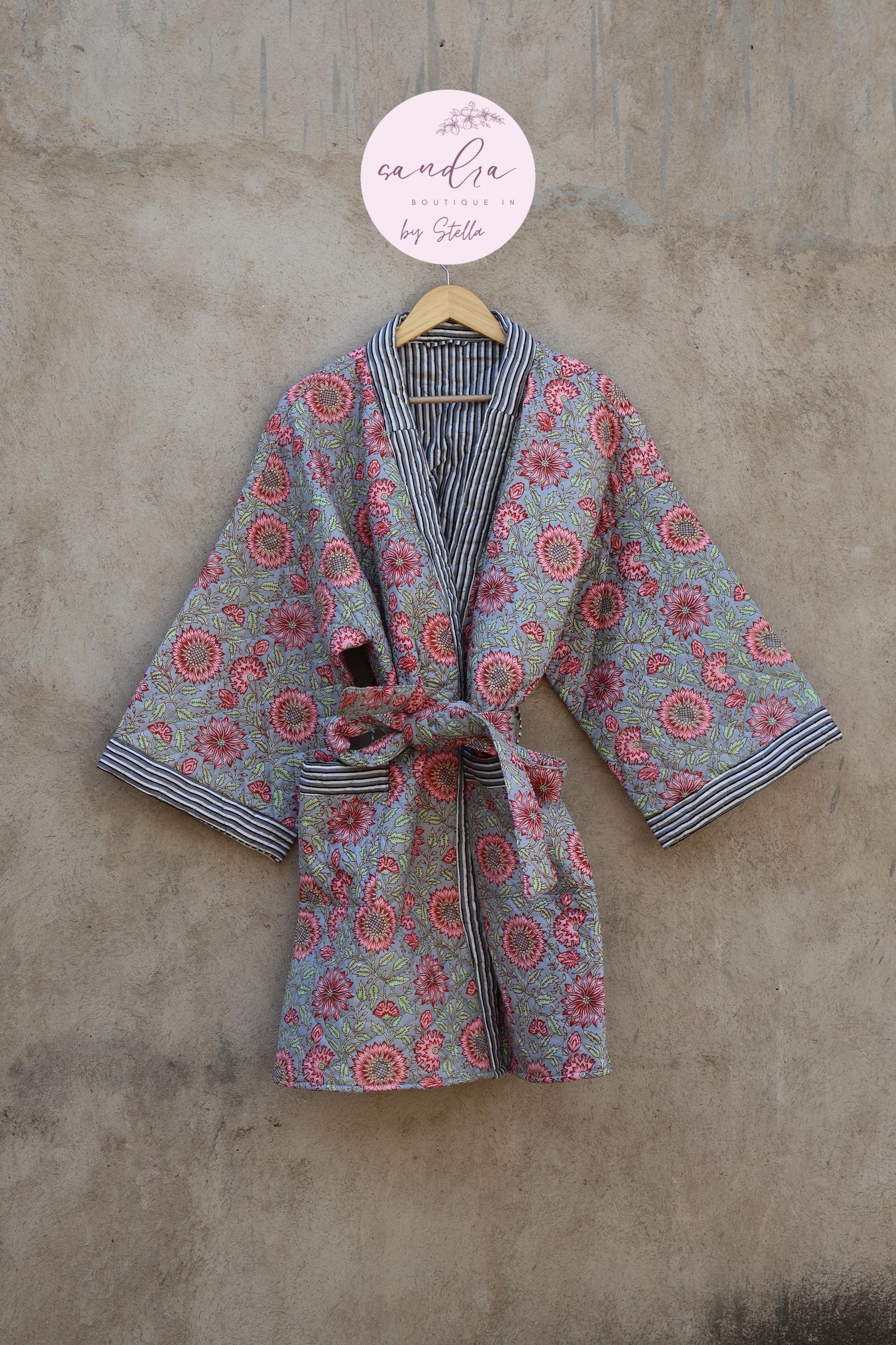 Indian Handmade Cotton Quilted Jacket, Vintage Free Size Cotton Quilted Overcoat Kimono Women's Bohemian Long Coat with Belt, Gift for Her