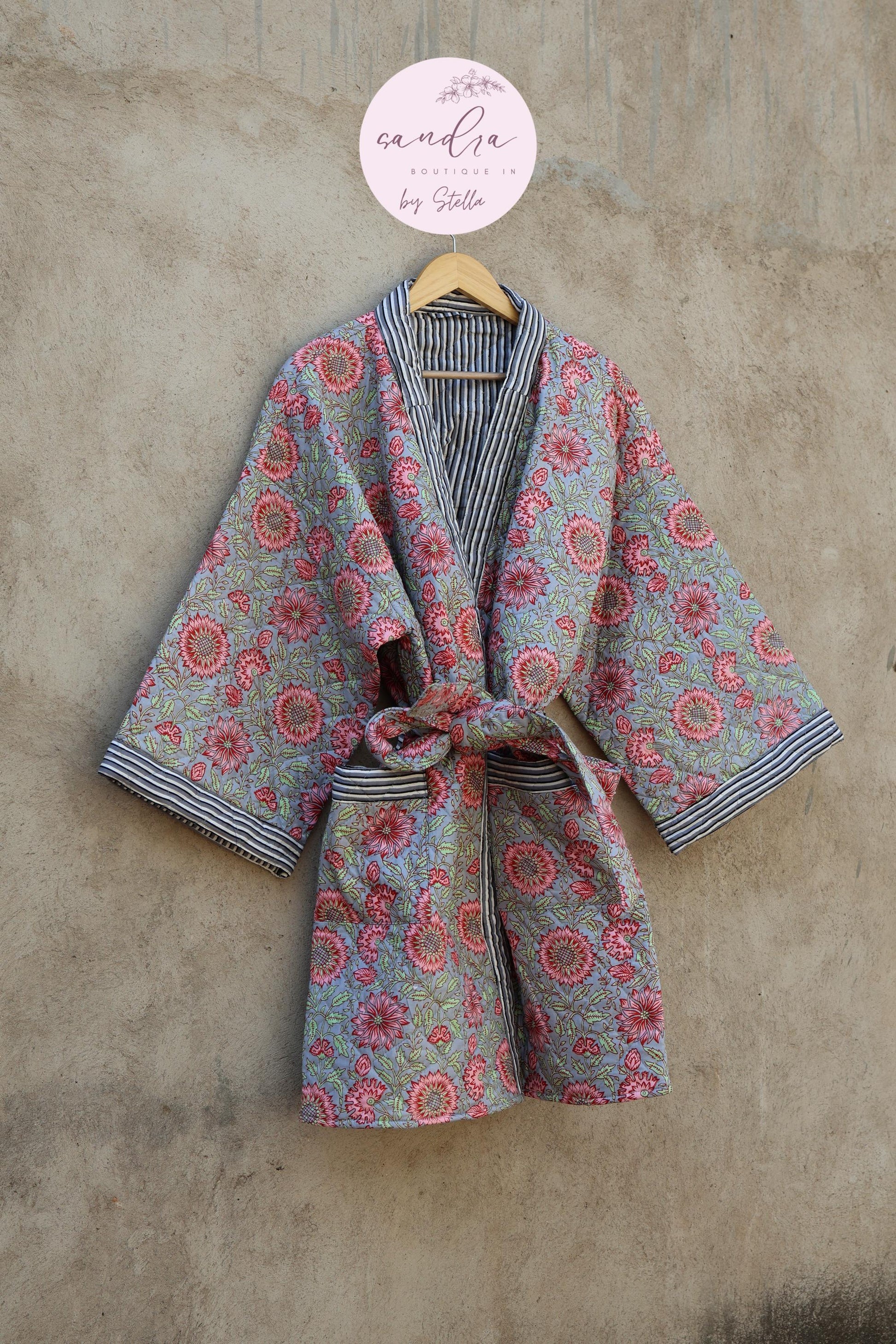 Indian Handmade Cotton Quilted Jacket, Vintage Free Size Cotton Quilted Overcoat Kimono Women's Bohemian Long Coat with Belt, Gift for Her