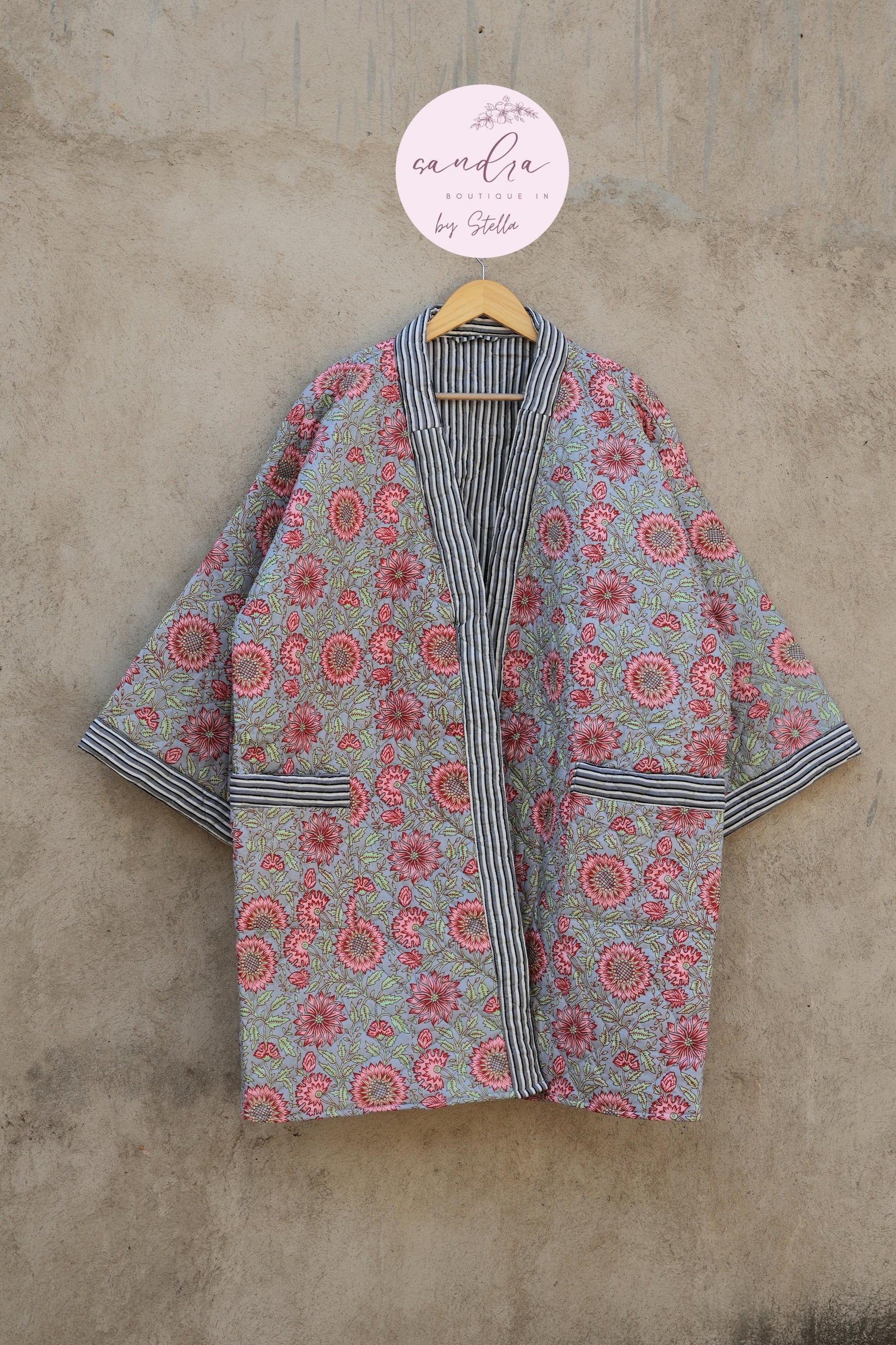 Indian Handmade Cotton Quilted Jacket, Vintage Free Size Cotton Quilted Overcoat Kimono Women's Bohemian Long Coat with Belt, Gift for Her