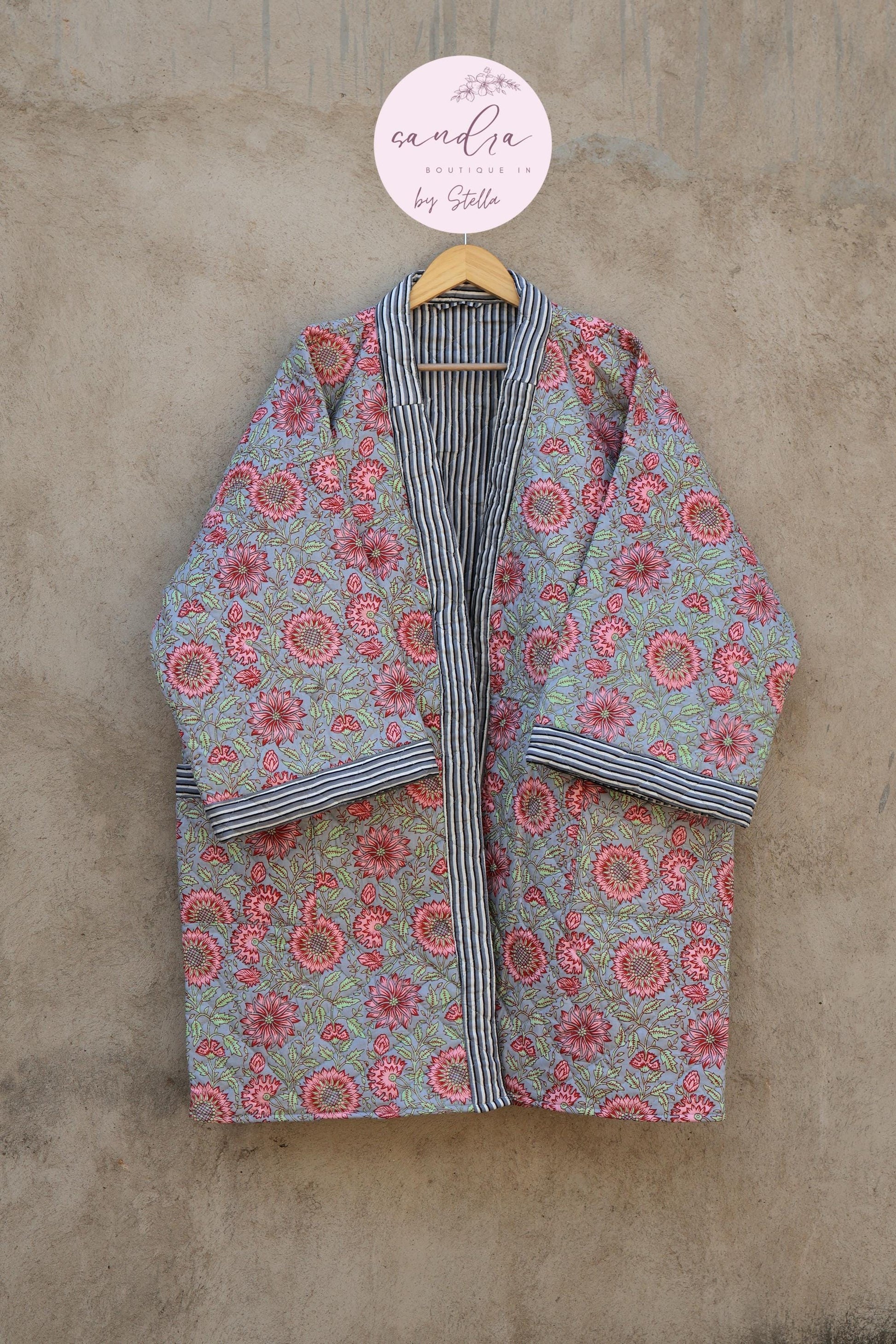 Indian Handmade Cotton Quilted Jacket, Vintage Free Size Cotton Quilted Overcoat Kimono Women's Bohemian Long Coat with Belt, Gift for Her