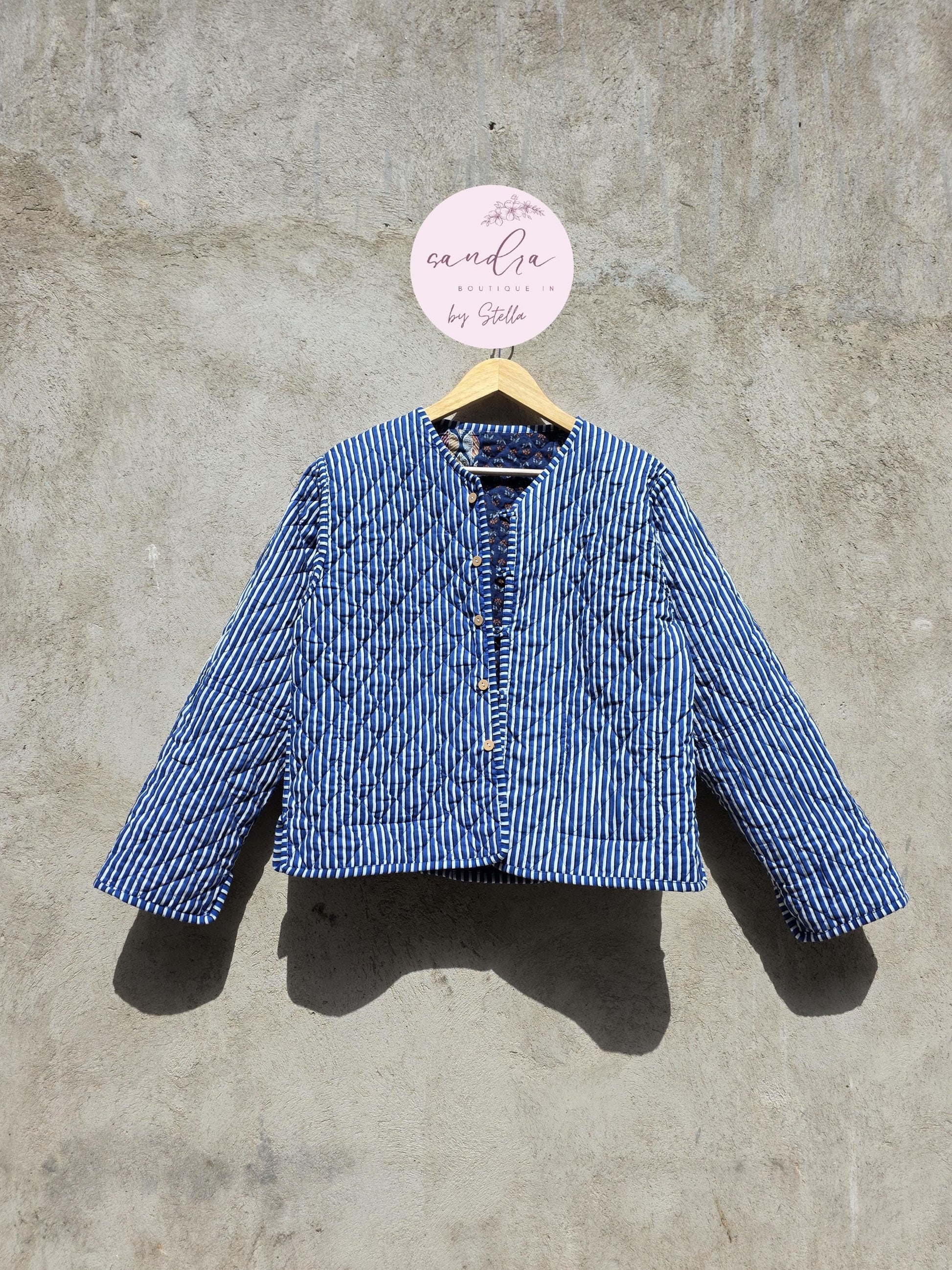 Indian Handmade Patchwork Cotton Quilted Jacket, Vintage Blue New Style Cotton Quilted Jacket, Reversible Women's Boho Coat, Gift for Her