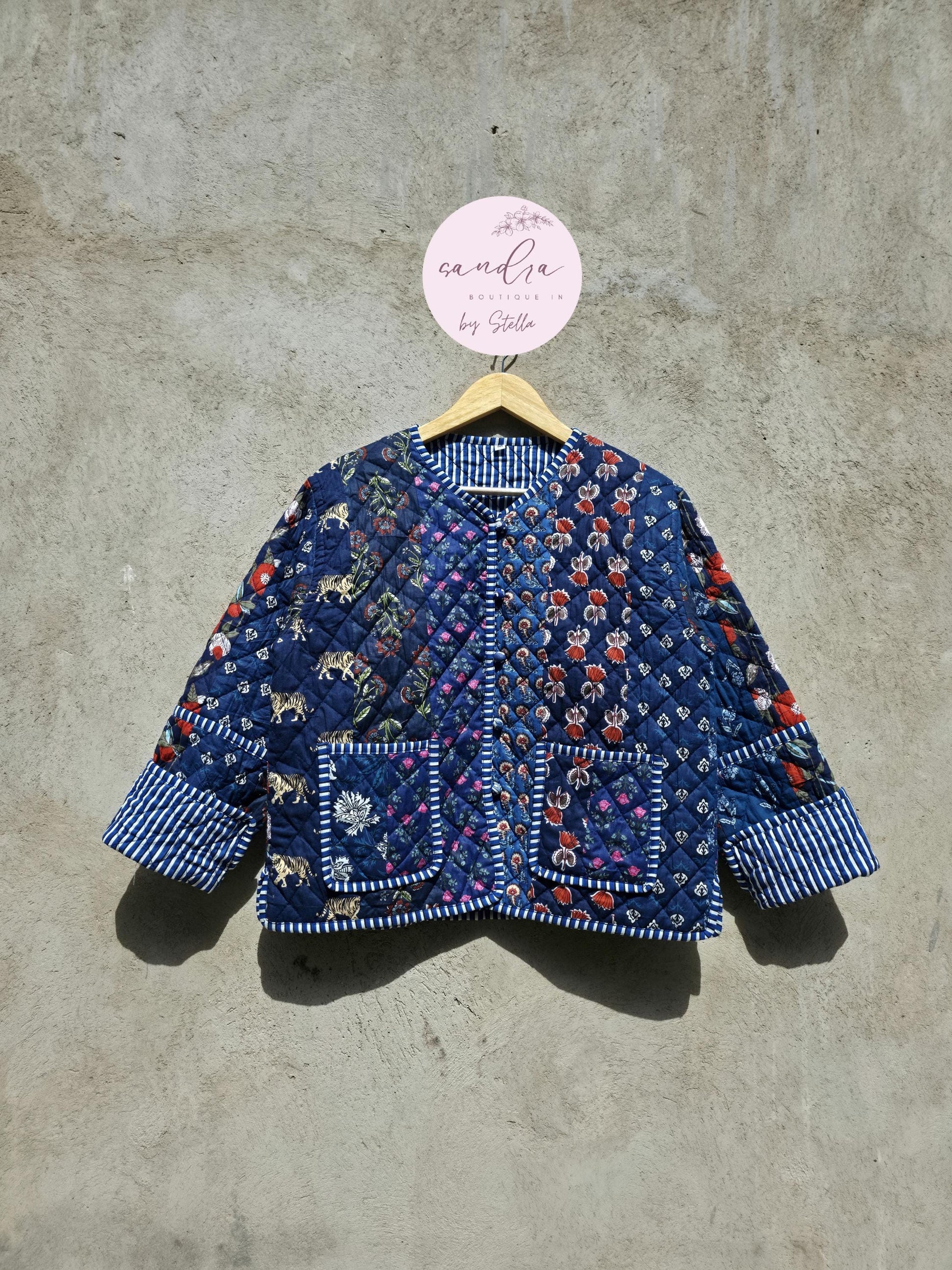 Indian Handmade Patchwork Cotton Quilted Jacket, Vintage Blue New Style Cotton Quilted Jacket, Reversible Women's Boho Coat, Gift for Her