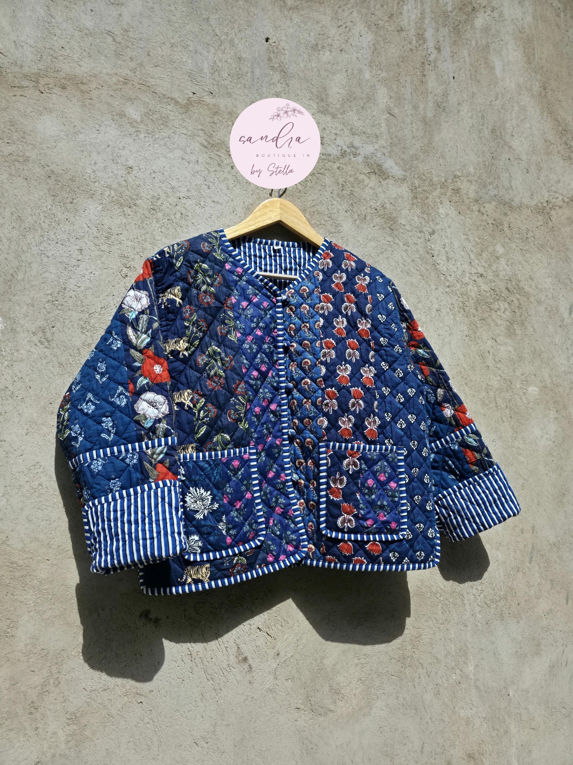 Indian Handmade Patchwork Cotton Quilted Jacket, Vintage Blue New Style Cotton Quilted Jacket, Reversible Women's Boho Coat, Gift for Her