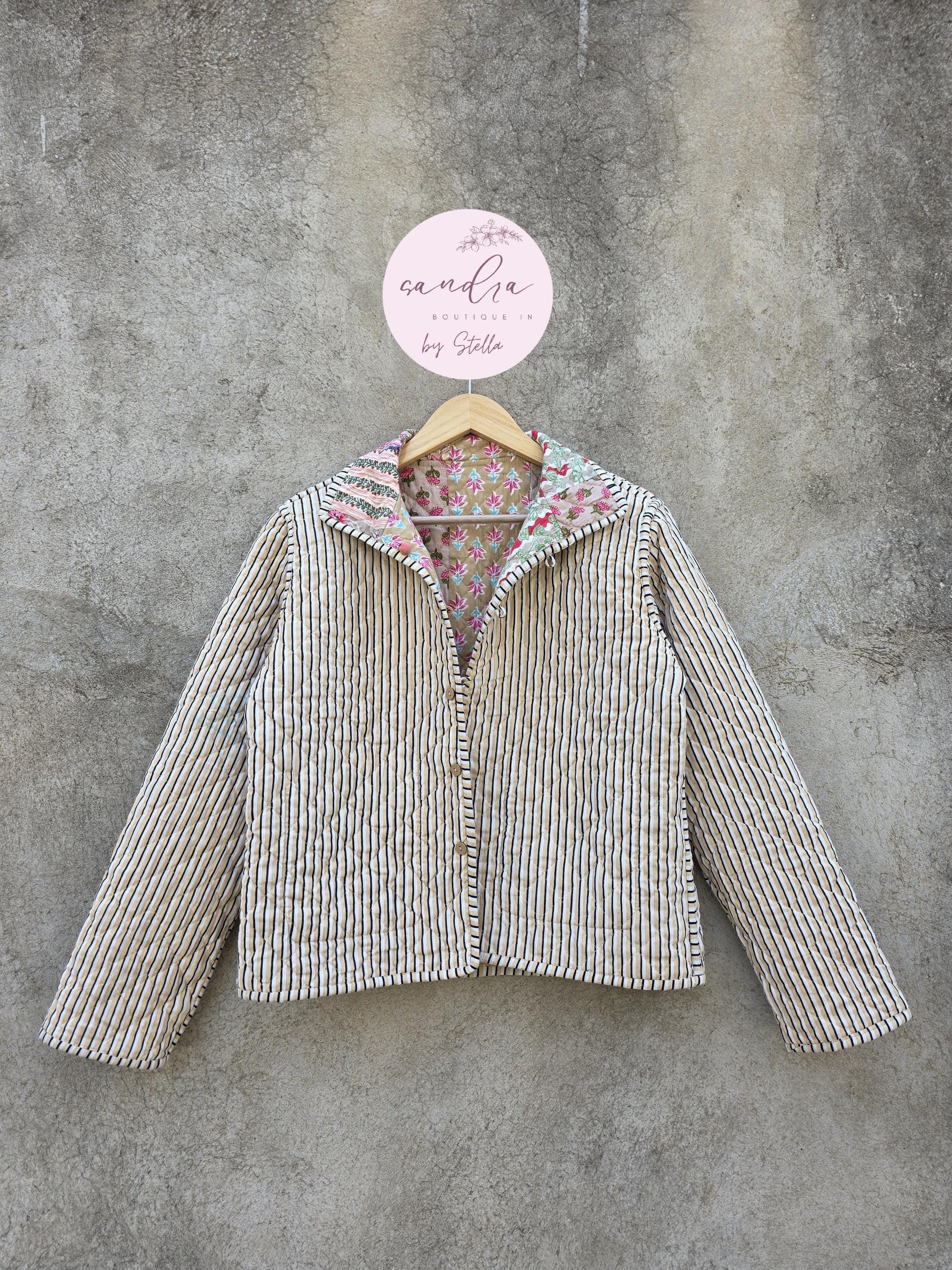Indian Handmade Patchwork Cotton Quilted Jacket, Vintage Beige New Style Cotton Quilted Jacket, Reversible Women's Boho Coat, Gift for Her