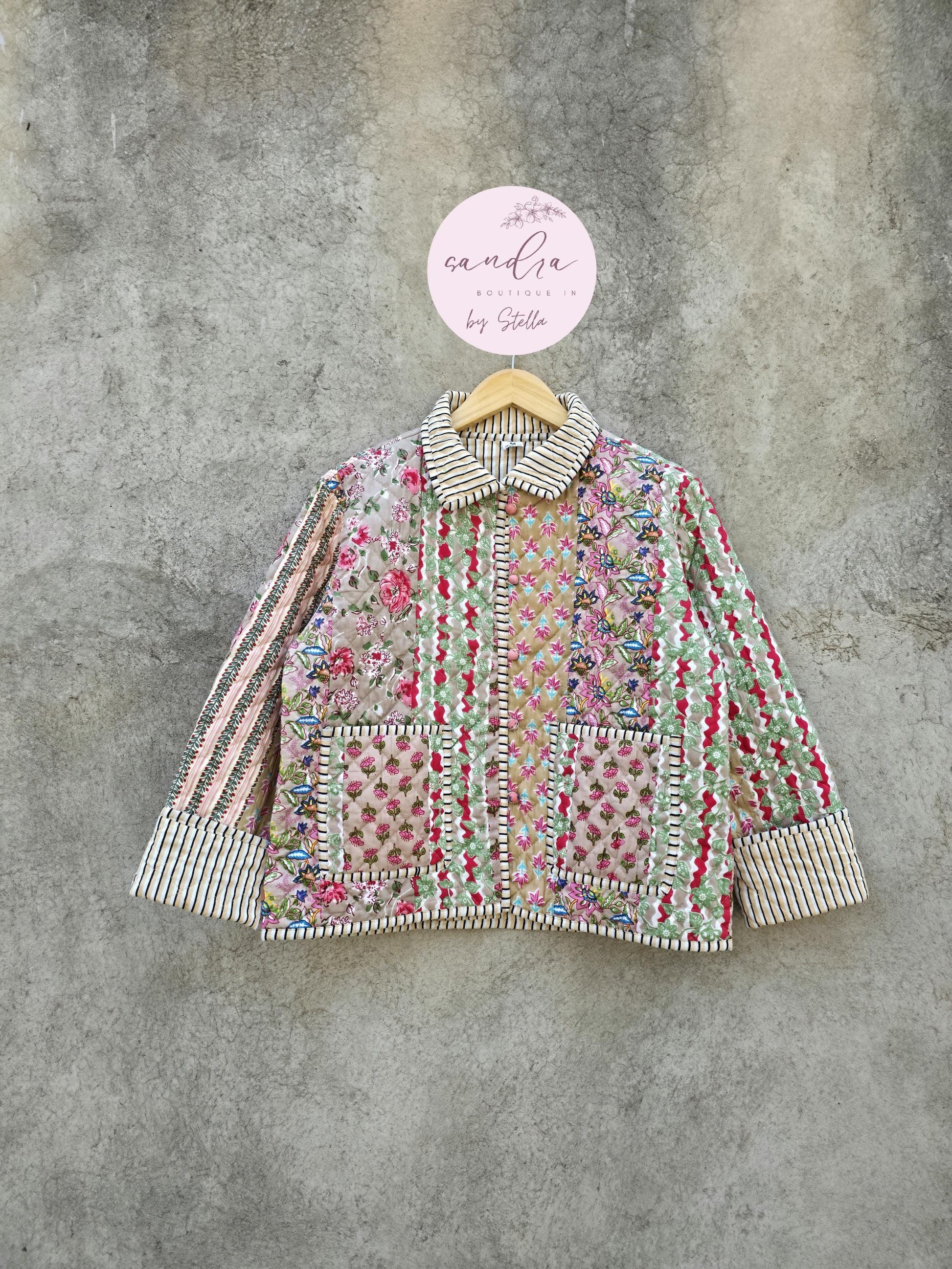 Indian Handmade Patchwork Cotton Quilted Jacket, Vintage Beige New Style Cotton Quilted Jacket, Reversible Women's Boho Coat, Gift for Her