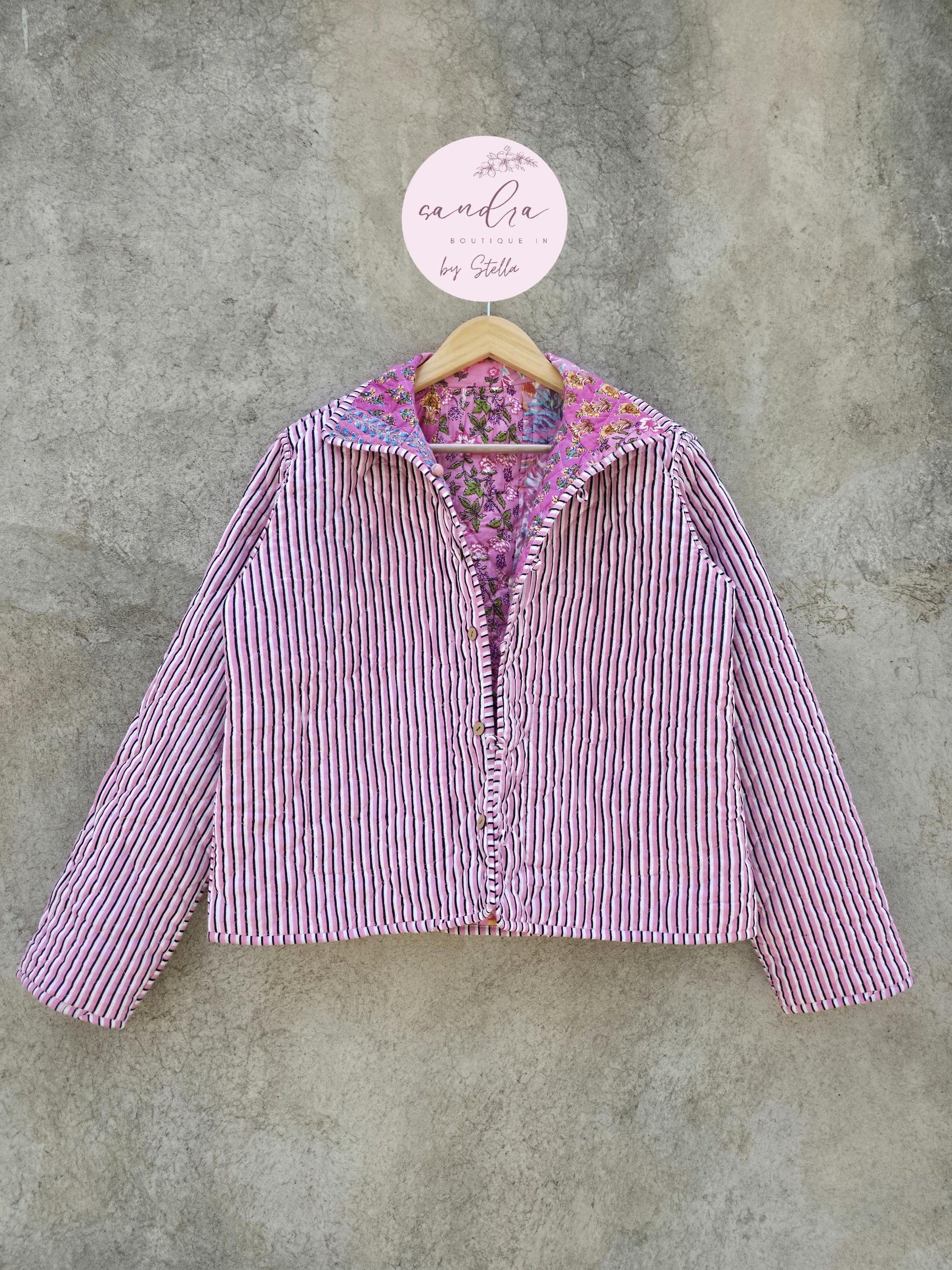 Indian Handmade Patchwork Cotton Quilted Jacket, Vintage Pink New Style Cotton Quilted Jacket, Reversible Women's Boho Coat, Gift for Her
